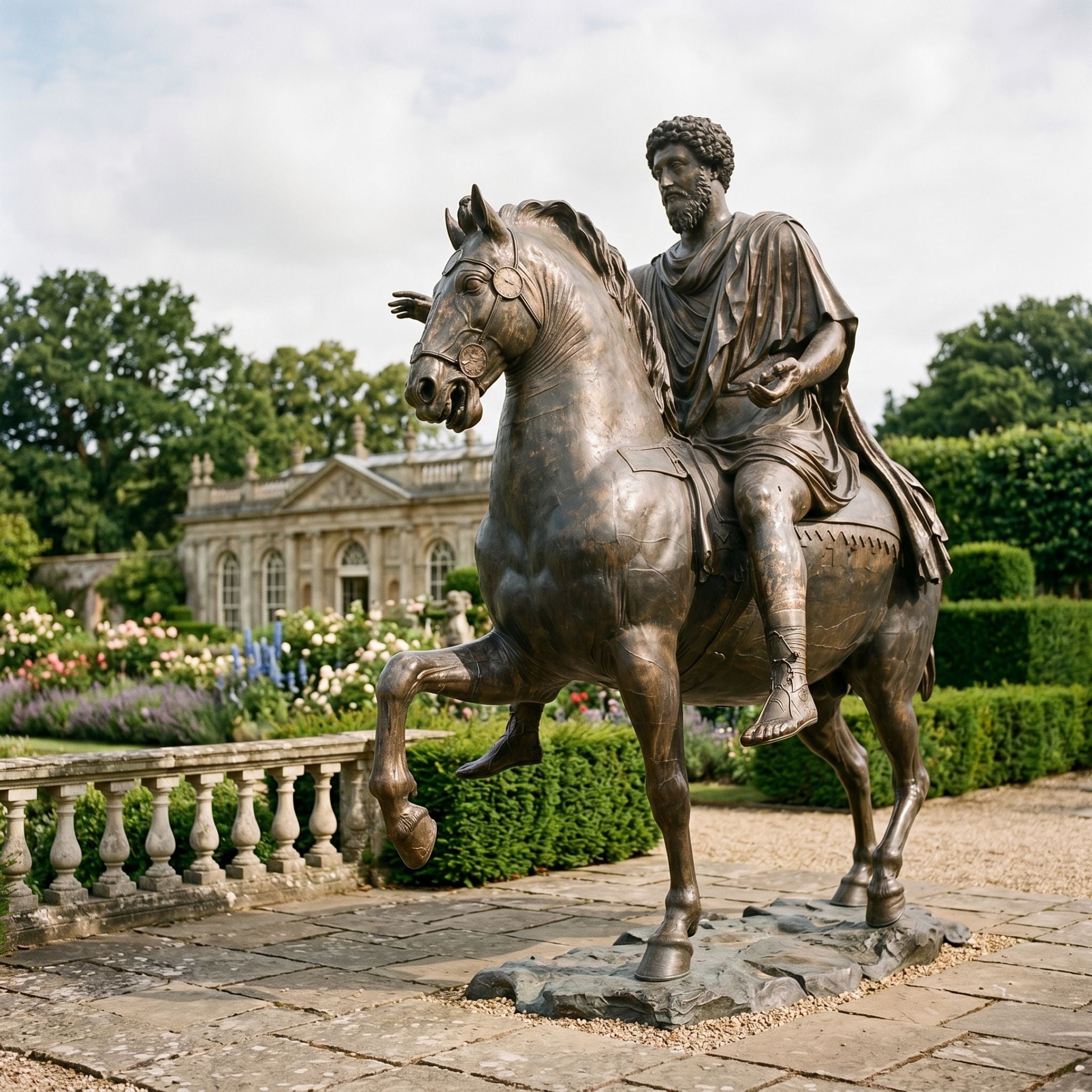 Monumental Classical Bearded Rider and Horse Bronze Sculpture by Giant Sculptures, 430cm, shown in a formal garden with rose beds and a stone pavilion behind.