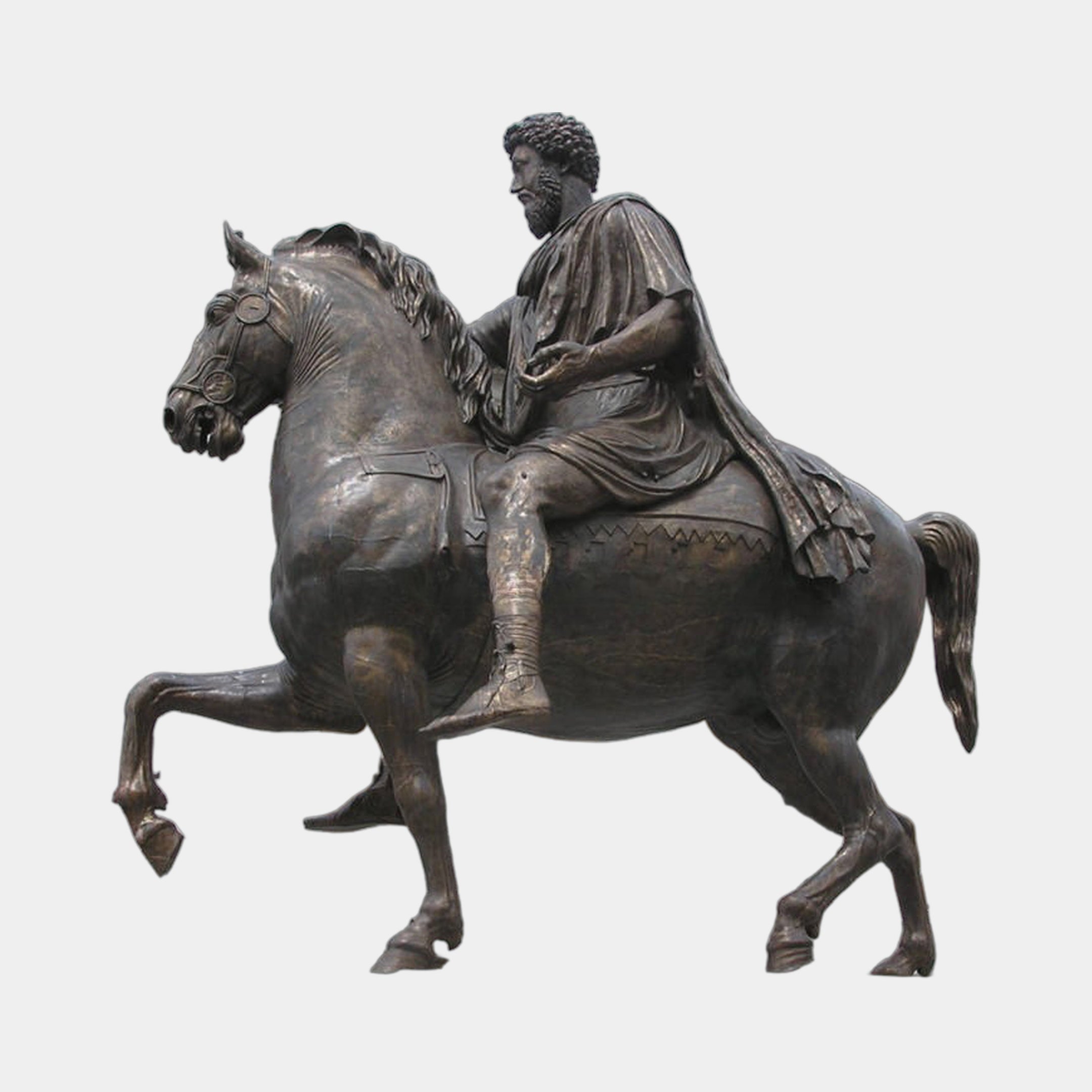 Giant Sculptures Monumental Classical Bearded Rider and Horse Bronze Sculpture 430cm, dark patinated robed figure on a striding horse, side view on plain background.