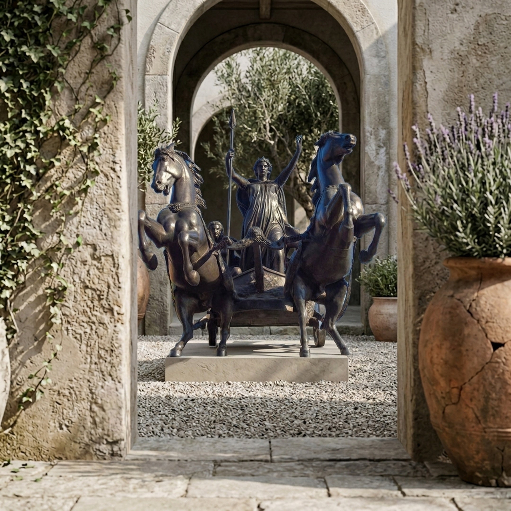 Monumental Classical Chariot with Goddess and Horses Bronze Sculpture by Giant Sculptures, framed by a stone archway in a Mediterranean courtyard with lavender.