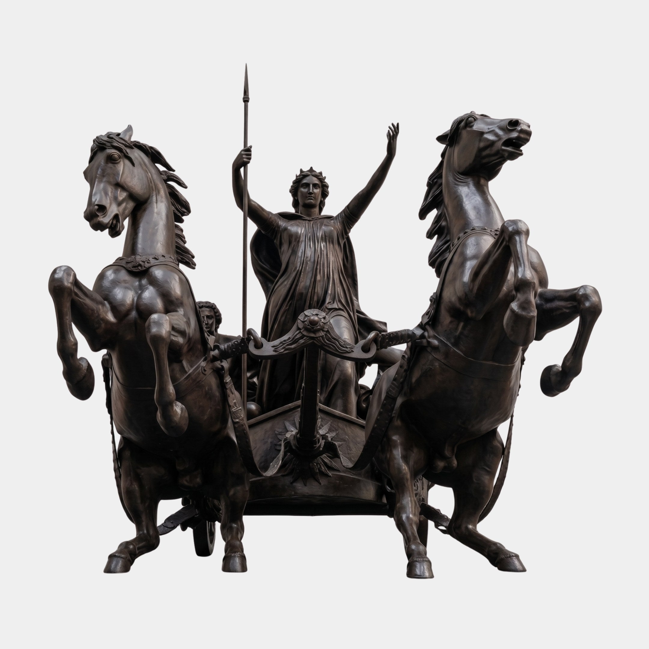 Monumental Classical Chariot with Goddess and Horses Bronze Sculpture by Giant Sculptures, front view of robed goddess raising spear between two rearing horses.
