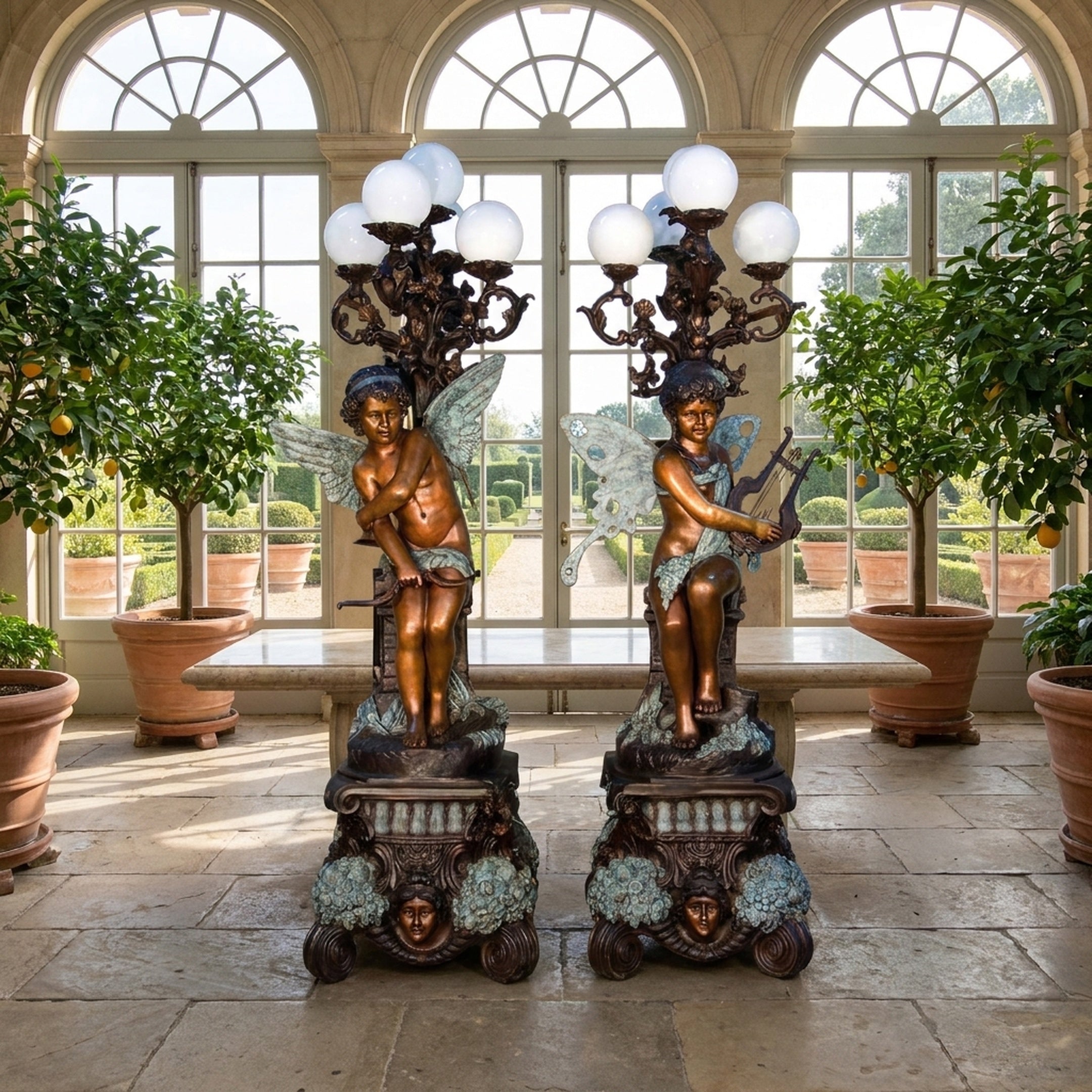 Pair of Monumental Classical Cherub Candelabra Torchiere Bronze Sculptures by Giant Sculptures with verdigris butterfly wings, displayed in an orangery.