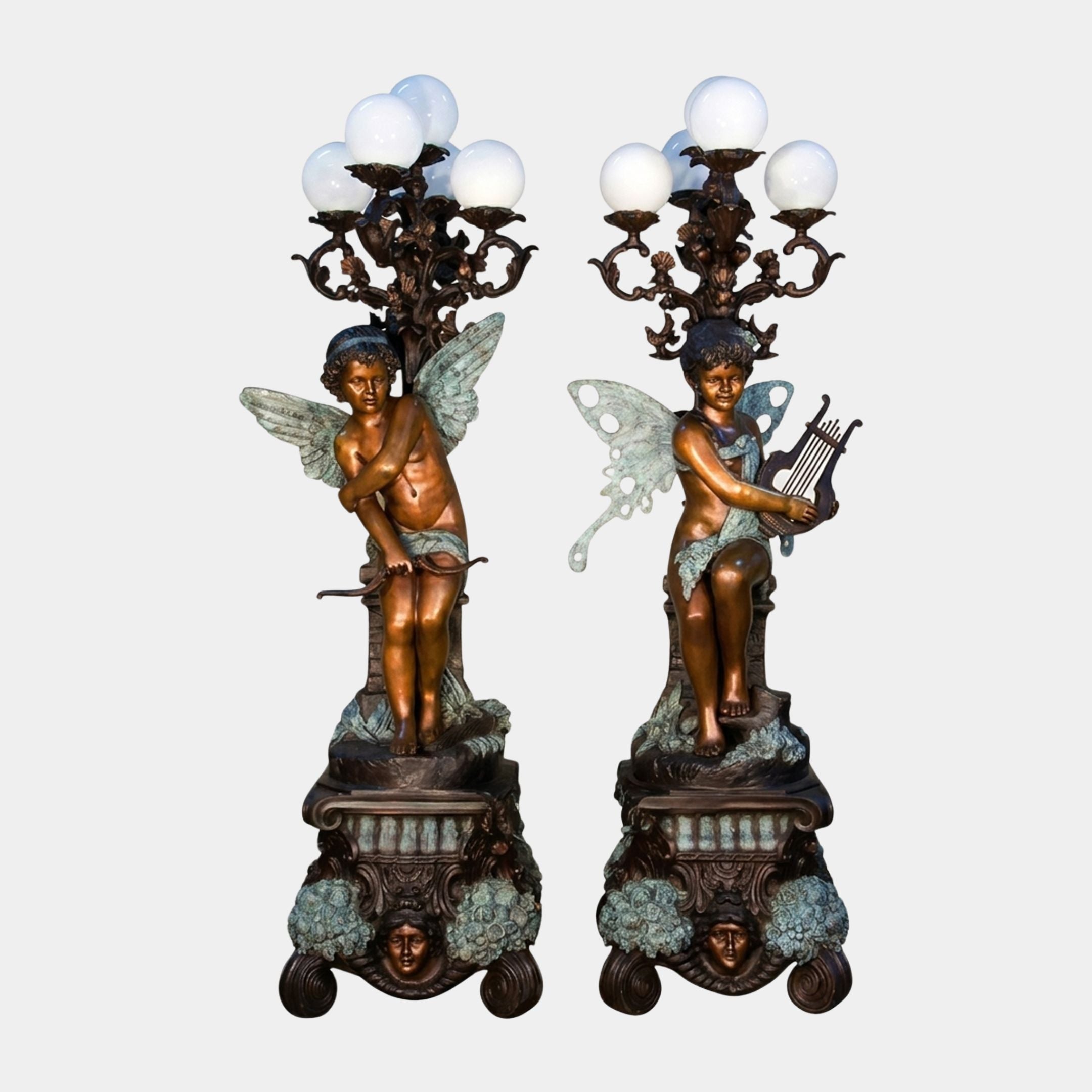 Monumental Classical Cherub Candelabra Torchiere Bronze Sculpture by Giant Sculptures, matched pair of winged cherubs with lyre and bow, five-globe candelabra.
