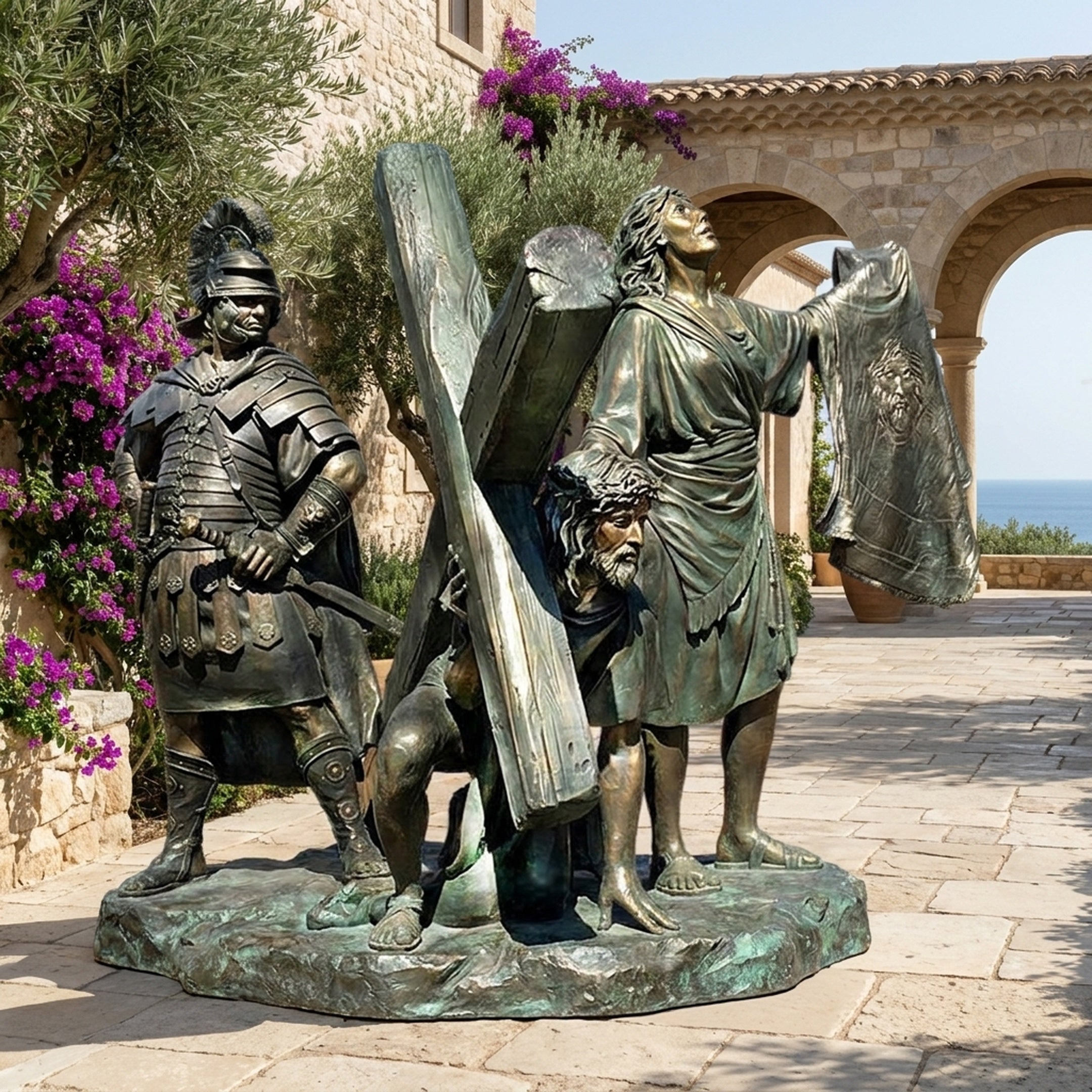 Giant Sculptures' 240cm Monumental Classical Christ Carrying the Cross bronze, with Roman soldier, crouching Christ, and Veronica holding the veil, on a Mediterranean terrace.