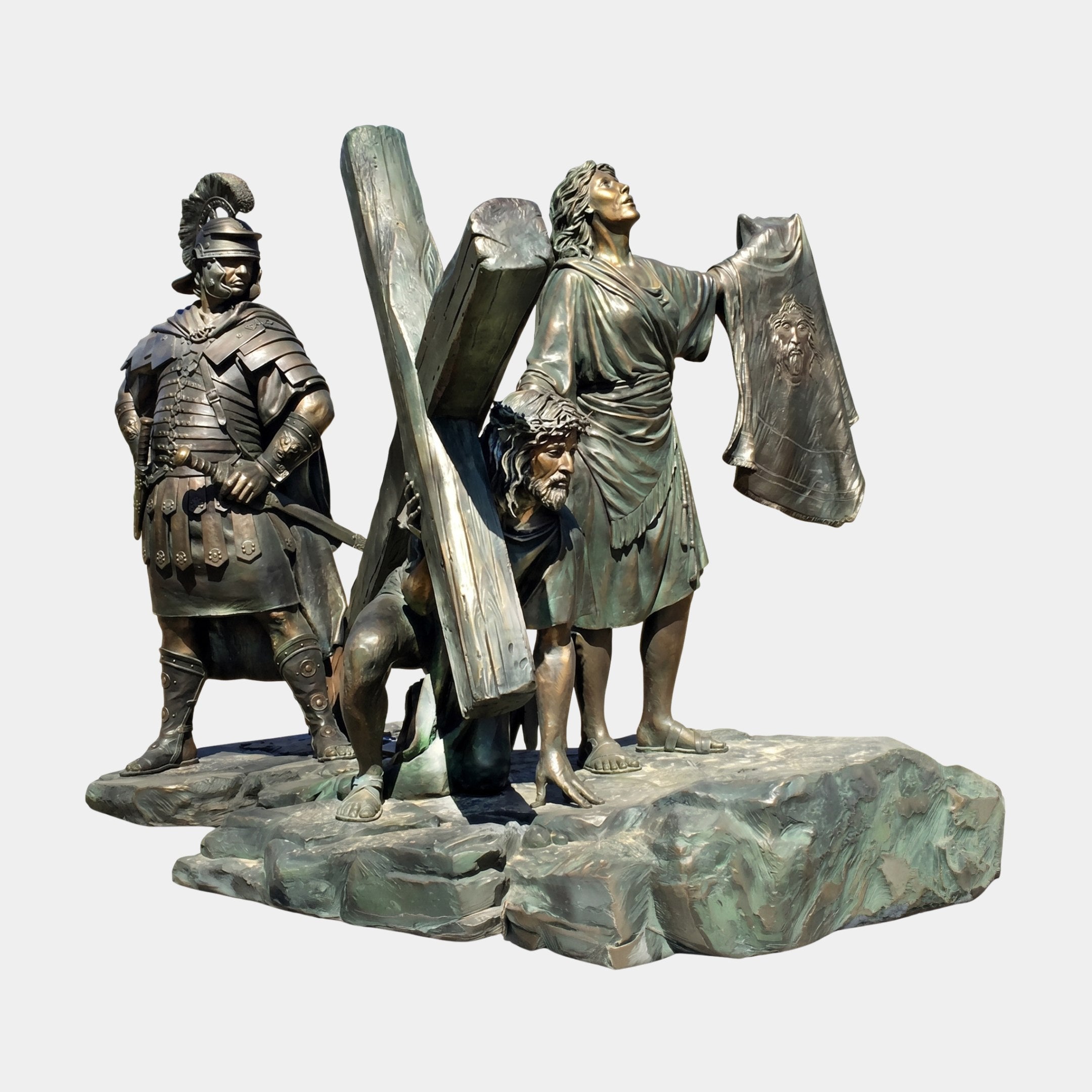 Giant Sculptures' 240cm Monumental Classical Christ Carrying the Cross bronze, showing Christ kneeling under the cross beside a Roman soldier and Veronica with her veil.