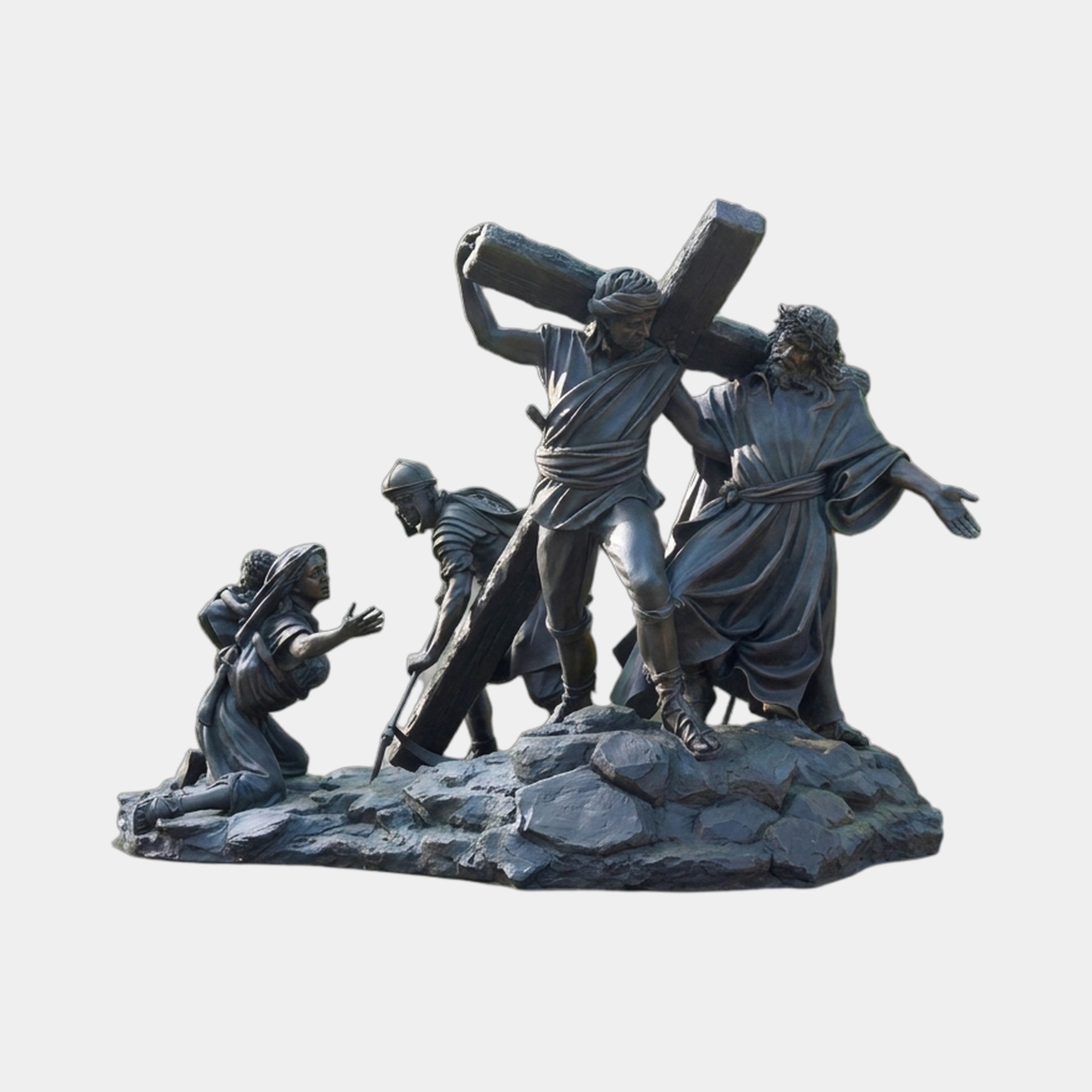Giant Sculptures Monumental Classical Christ Carrying the Cross Bronze Sculpture 300cm, four-figure scene in deep patina on a rocky base, plain background.
