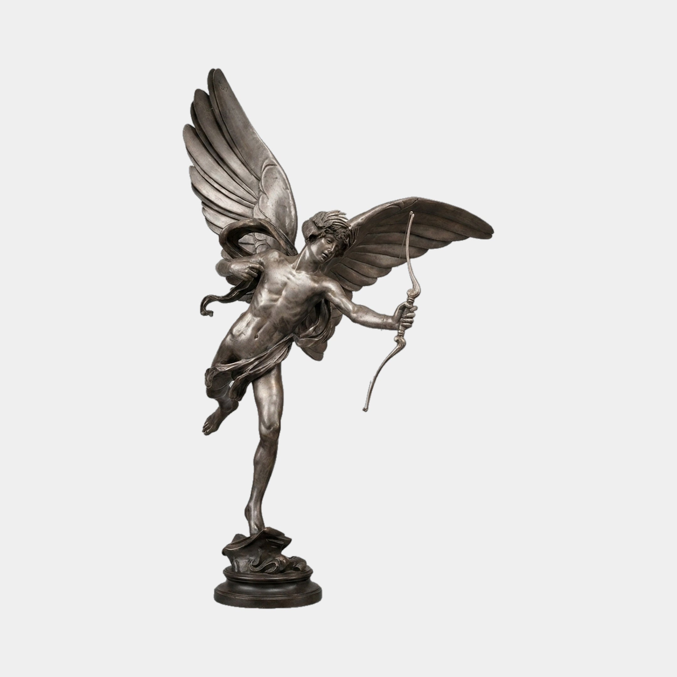 Monumental Classical Cupid Archer Bronze Sculpture by Giant Sculptures, winged Eros with bow drawn, dark patinated finish on a round base, plain grey background.