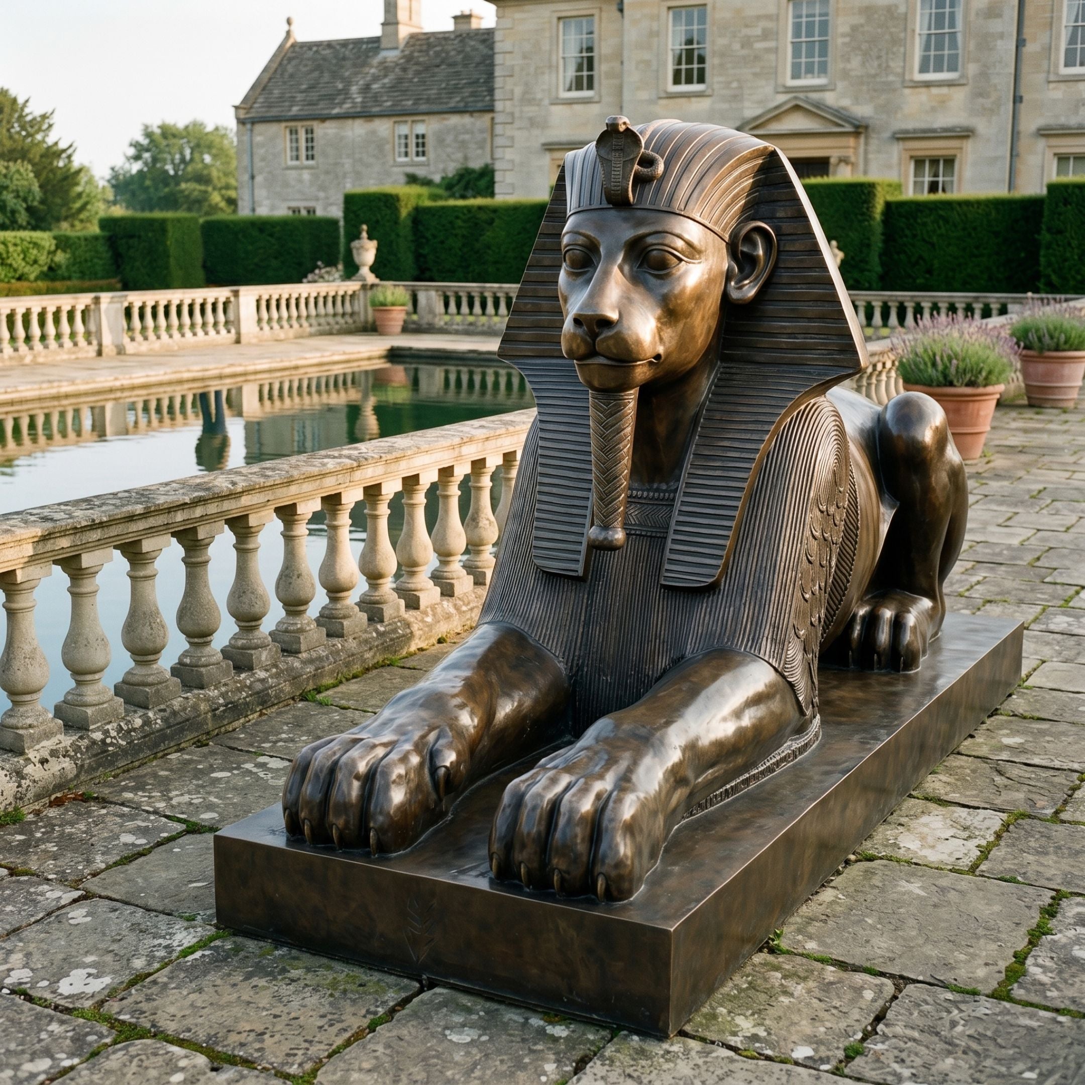 Monumental Classical Egyptian Sphinx Bronze Sculpture by Giant Sculptures, recumbent figure with nemes headdress and warm brown patina, beside a formal estate pool.