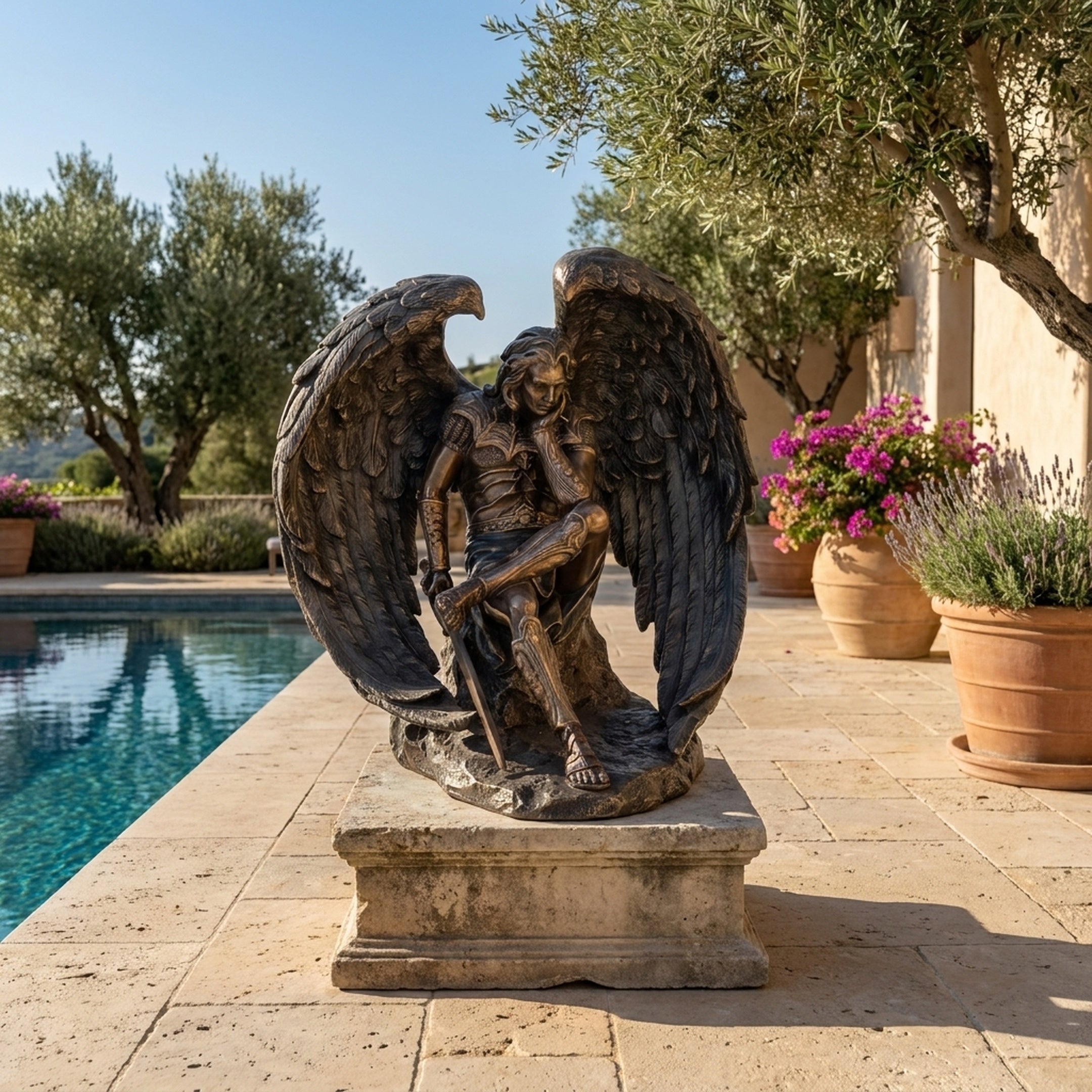 Giant Sculptures Monumental Classical Fallen Angel Bronze Sculpture 200cm on a stone plinth beside a pool, wings curved forward, set among olive trees.