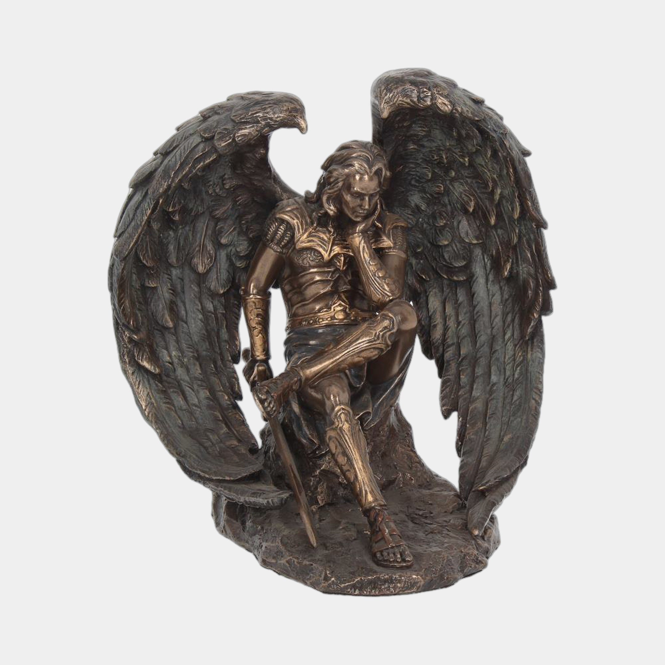 Monumental Classical Fallen Angel Bronze Sculpture by Giant Sculptures, seated armoured figure with vast curved wings and warm golden-brown patina, on a plain background.