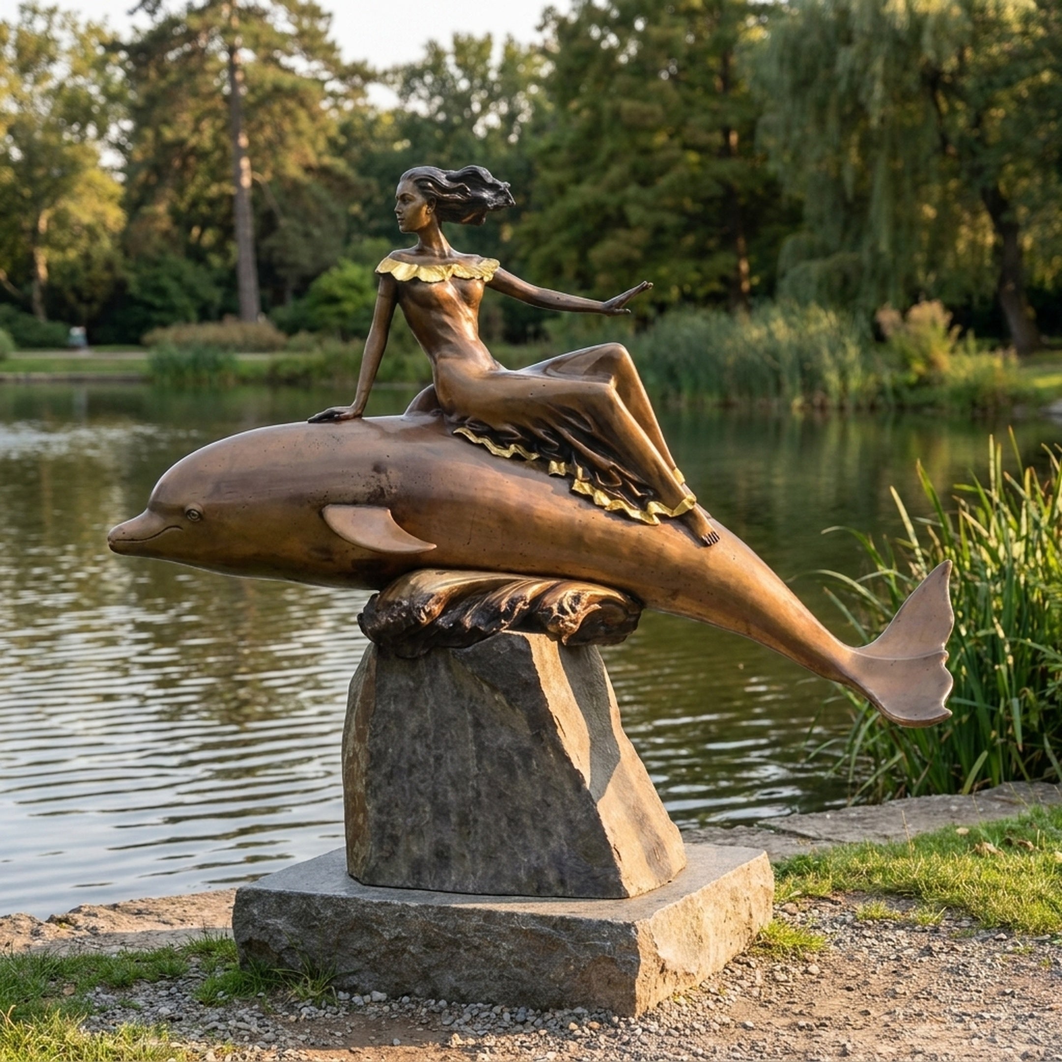 Monumental Classical Female Figure on Dolphin Bronze Sculpture by Giant Sculptures, with gold-accented ruffles, on a rough stone plinth beside a lake.
