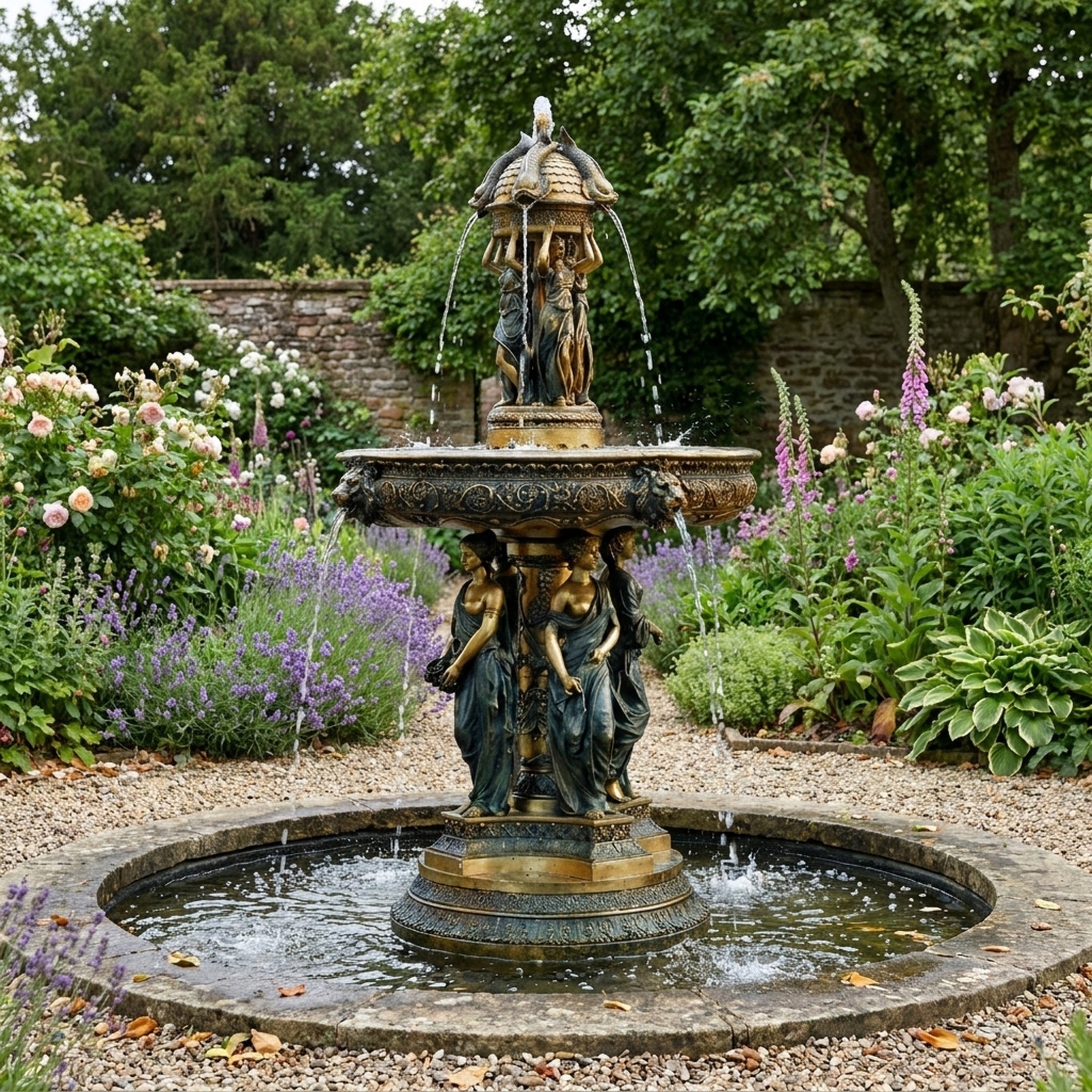 Monumental Classical Female Figures and Cherubs Bronze Fountain by Giant Sculptures, three-tiered with verdigris and gold patina, in a walled garden with roses and lavender.