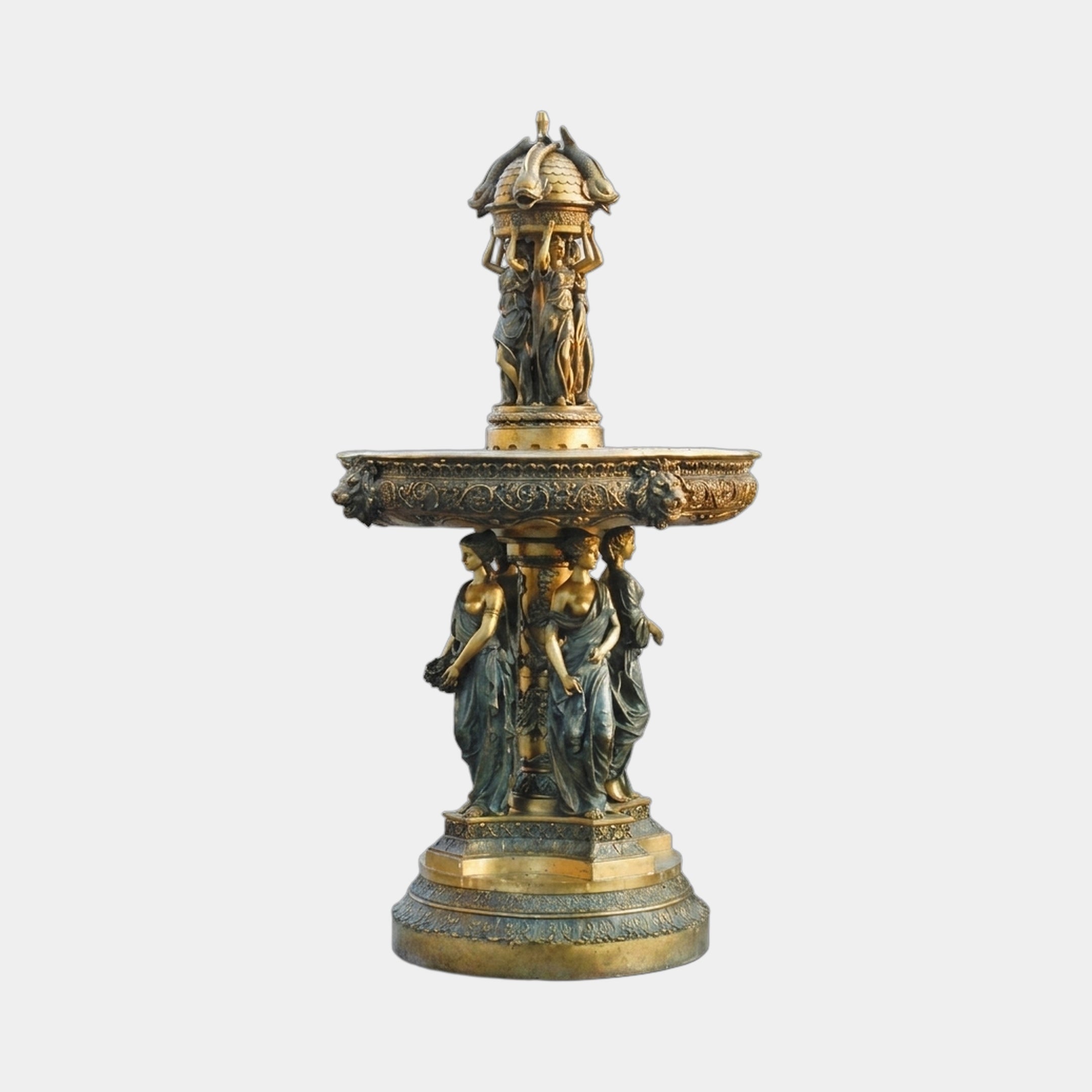 Giant Sculptures Monumental Classical Female Figures and Cherubs Bronze Fountain with tiered basin, verdigris and gold patina, on a plain grey background.