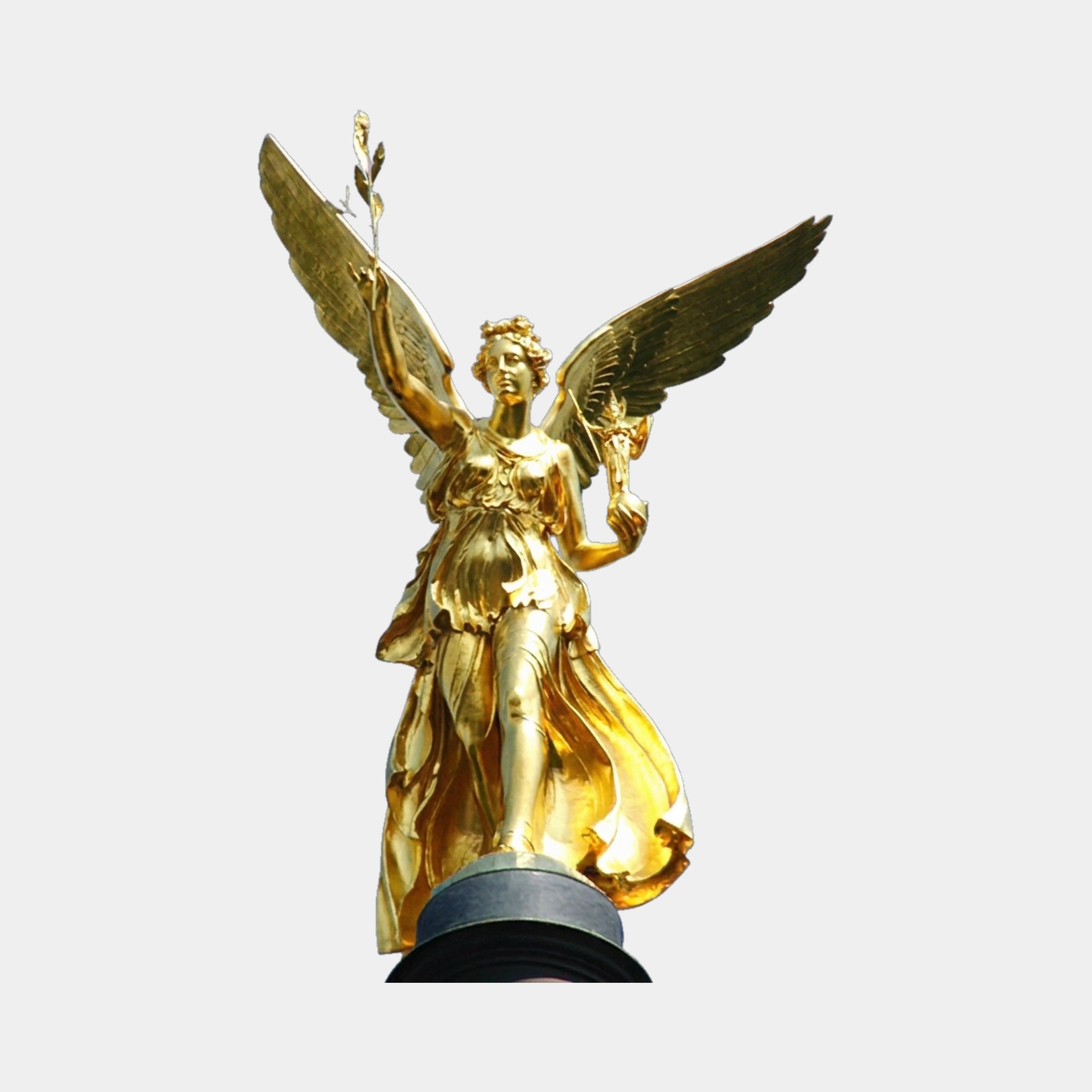 Monumental Classical Gilded Winged Angel Bronze Sculpture by Giant Sculptures, 450cm gold-gilded figure with outstretched wings holding a laurel branch and sceptre.