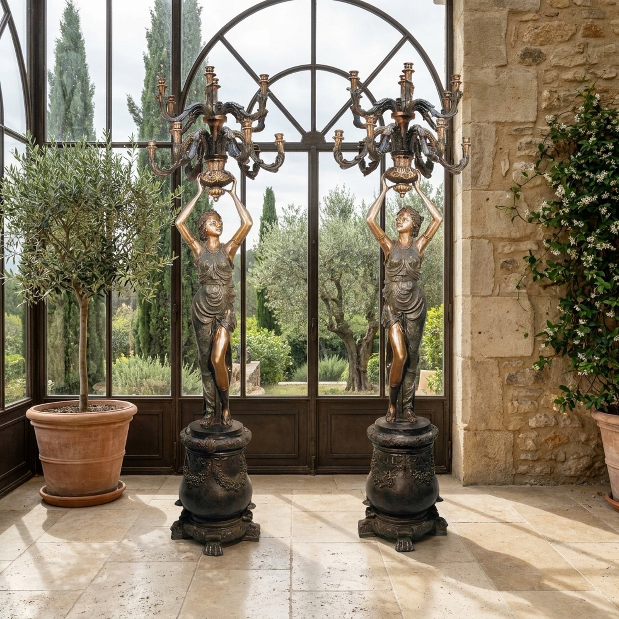 Monumental Classical Goddess Candelabra Bronze Sculpture Pair 210cm by Giant Sculptures, two-tone bronze figures holding nine-arm candelabras in an arched conservatory.