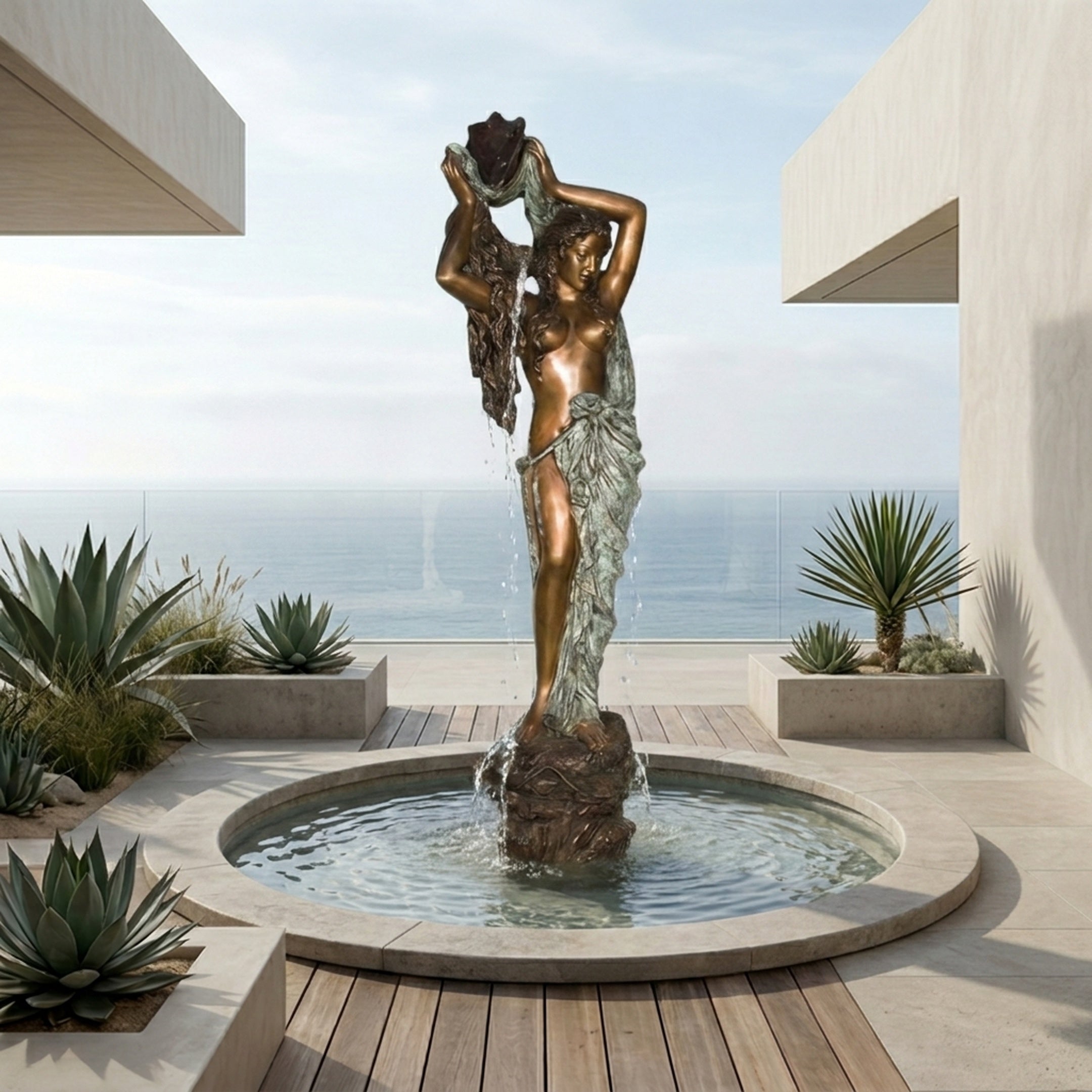 Monumental Classical Goddess with Draped Cloth Bronze Fountain by Giant Sculptures, set in a round basin on an oceanfront terrace with succulents.