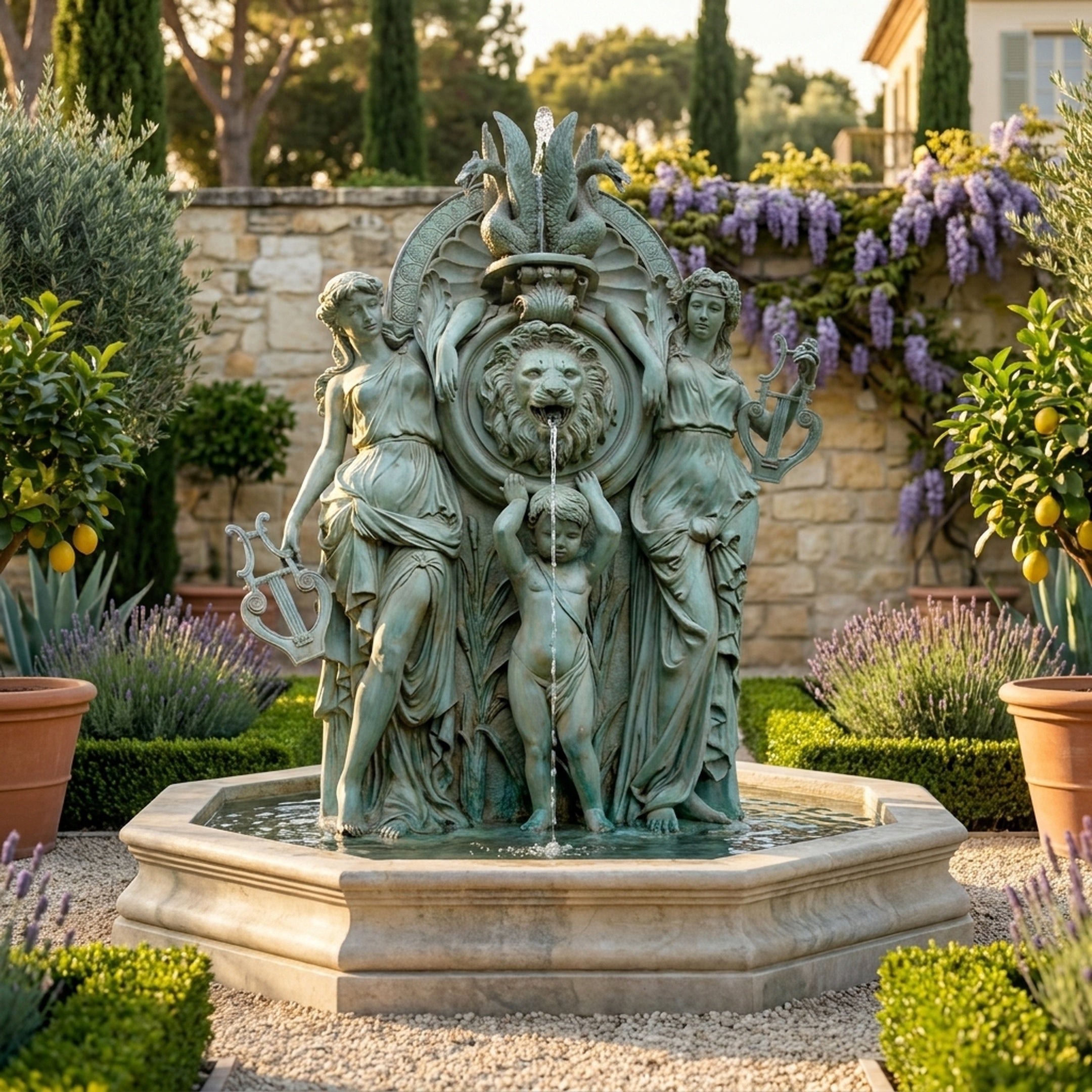 Monumental Classical Goddesses with Child and Lion Medallion Bronze Fountain by Giant Sculptures, verdigris patina, in a Mediterranean garden with lavender and wisteria.