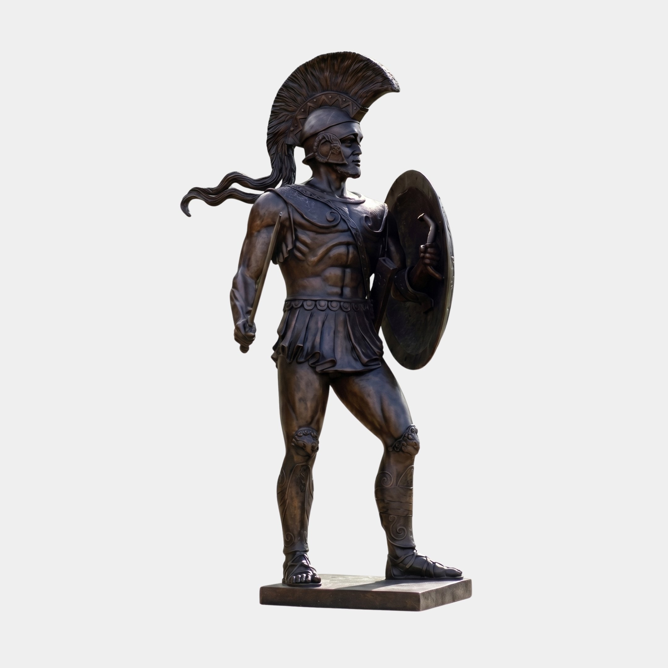 Monumental Classical Greek Warrior Bronze Statue 250cm by Giant Sculptures, striding figure in plumed Corinthian helmet with hoplon shield, dark patina, plain background.