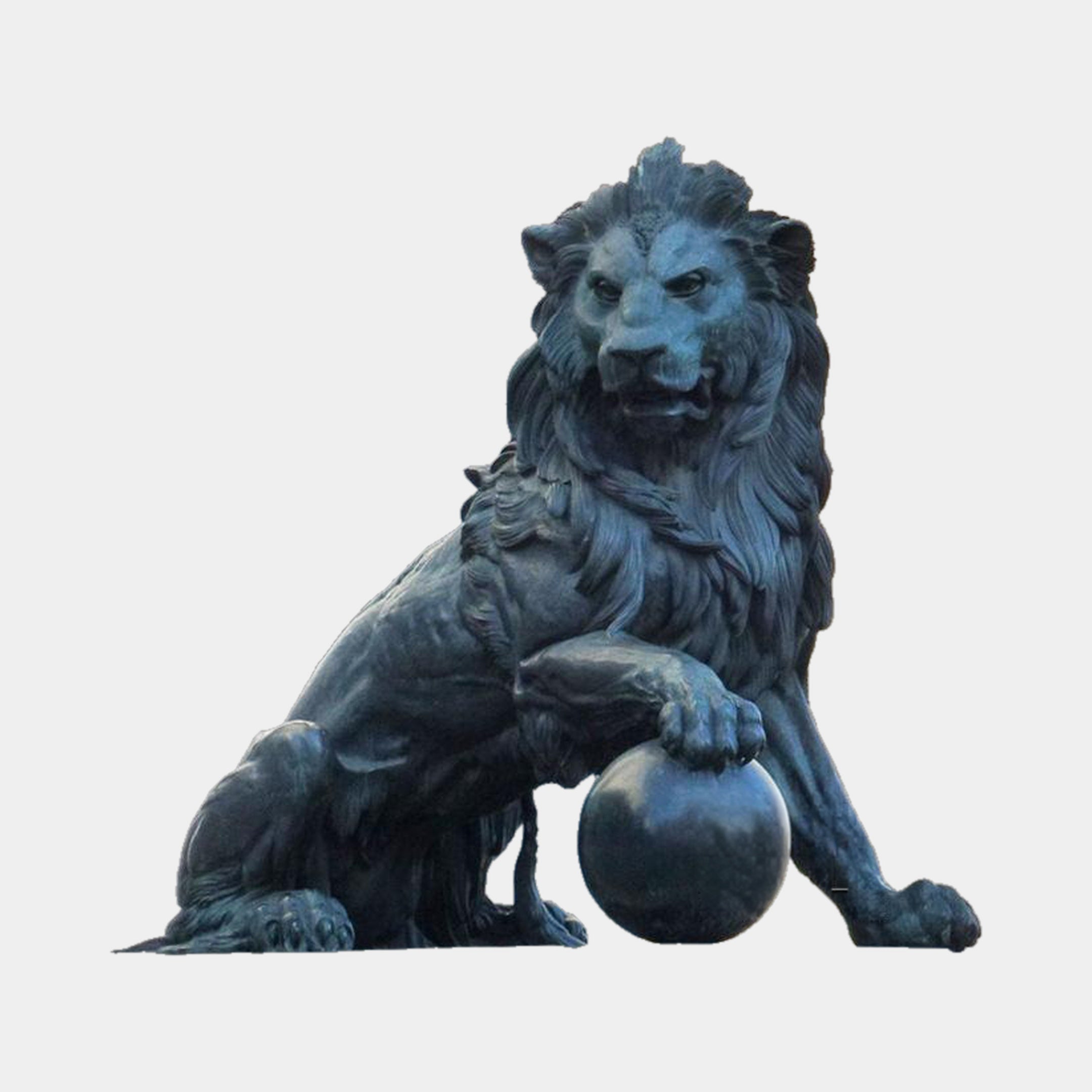 Monumental Classical Guardian Lion Bronze Sculpture by Giant Sculptures, seated with one paw on a sphere, dark blue-black patina, shown on a plain background.