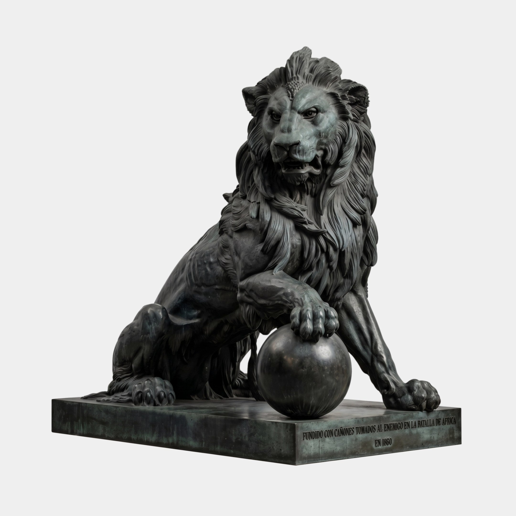 Monumental Classical Guardian Lion Bronze Sculpture by Giant Sculptures, seated with a forepaw on a sphere, dark blue-black patina, on an inscribed plinth.