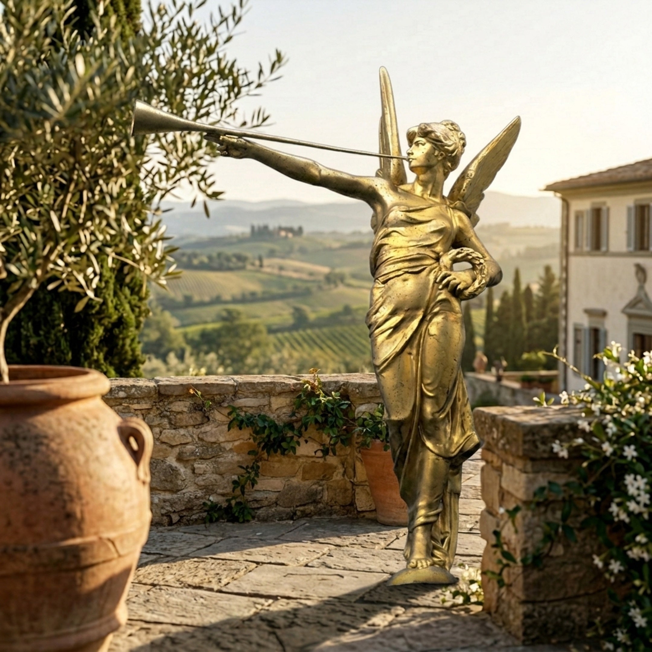 Giant Sculptures Monumental Classical Herald Angel Bronze Sculpture in gilt finish, wings spread and trumpet raised, on a Tuscan terrace overlooking vineyards.