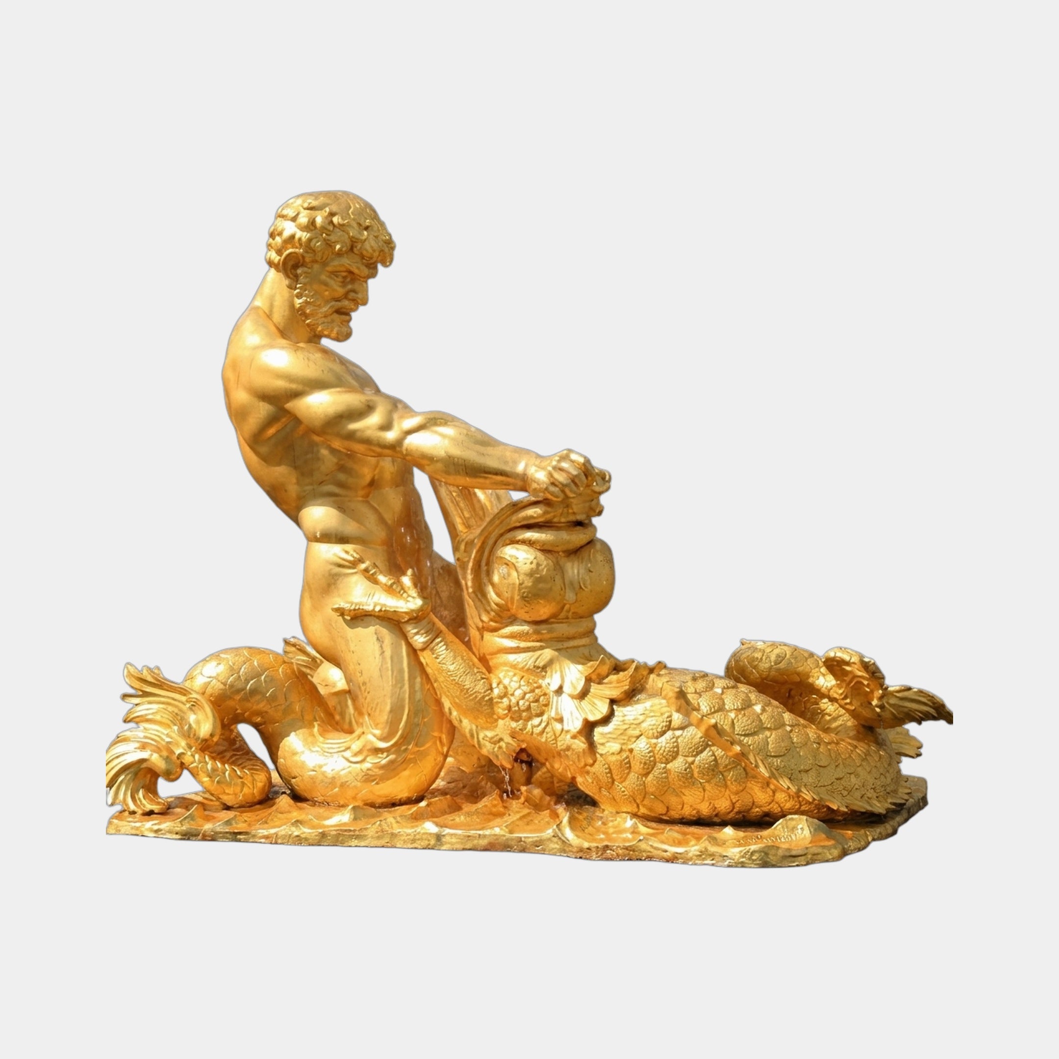Gold-gilded Monumental Classical Hero and Sea Creature Bronze Fountain by Giant Sculptures, showing the kneeling hero prising open the scaly beast's jaws.