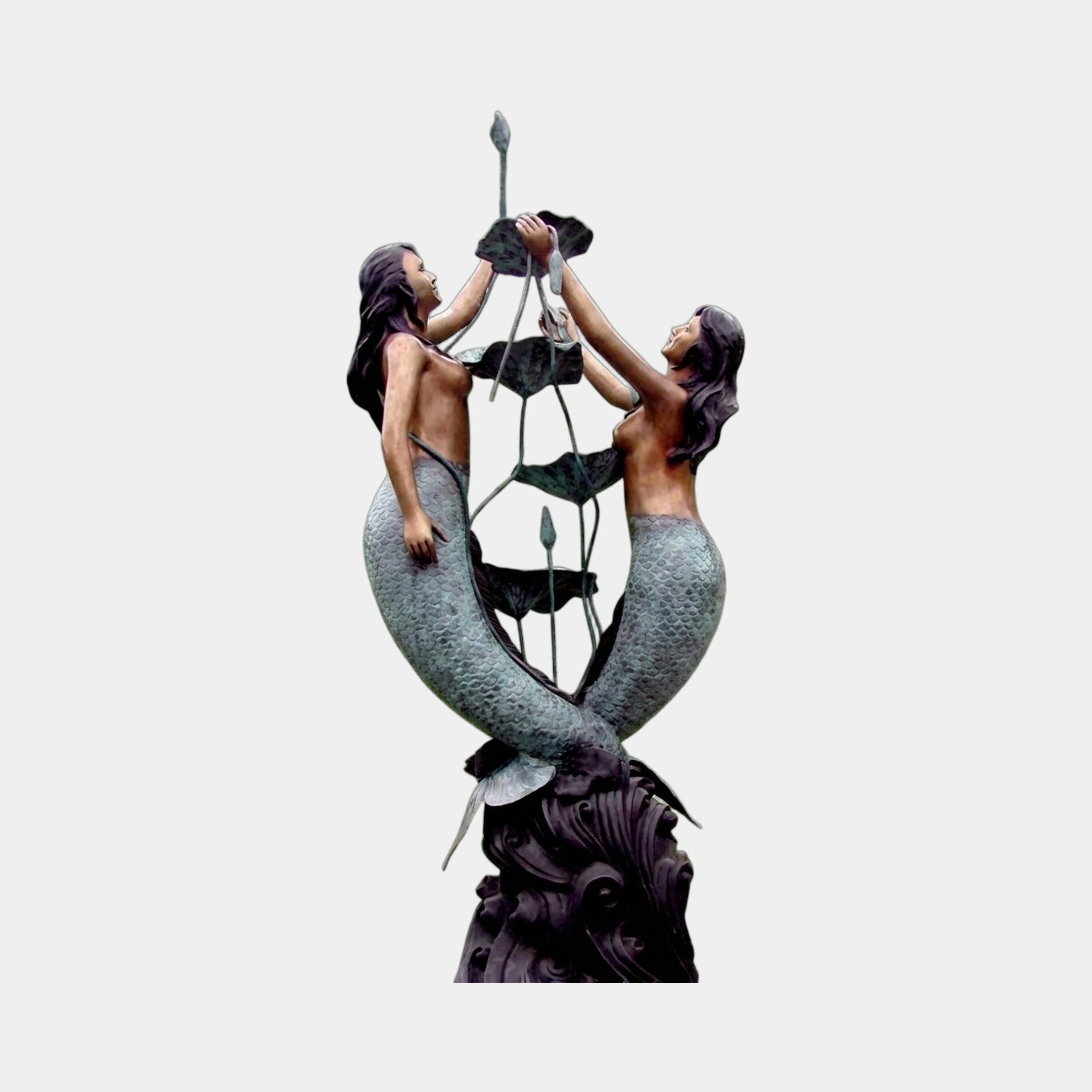Giant Sculptures Monumental Classical Intertwined Mermaids Bronze Fountain at 350cm, two figures with green-grey scaled tails curling on an ornate dark pedestal.