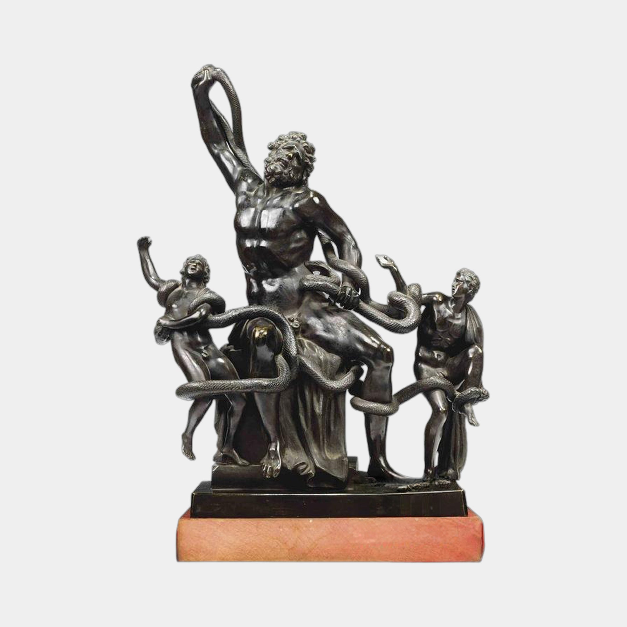 Monumental Classical Laocoön and Sons Bronze Sculpture by Giant Sculptures, dark patina group writhing with serpents on a terracotta marble plinth.