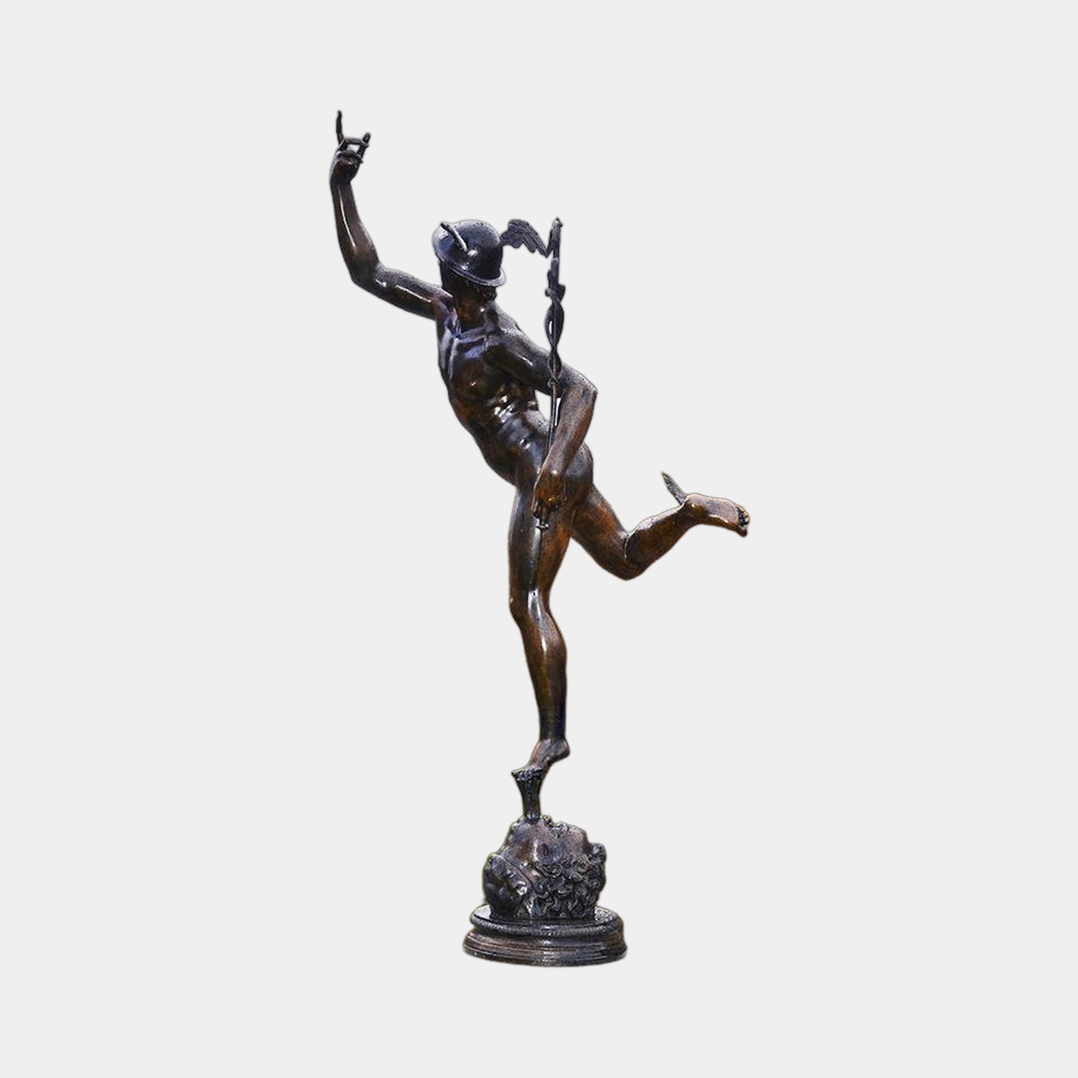 Monumental Classical Mercury Bronze Sculpture by Giant Sculptures, 250cm, shown balanced on one foot with arm raised and caduceus, warm brown patina, on a round base.