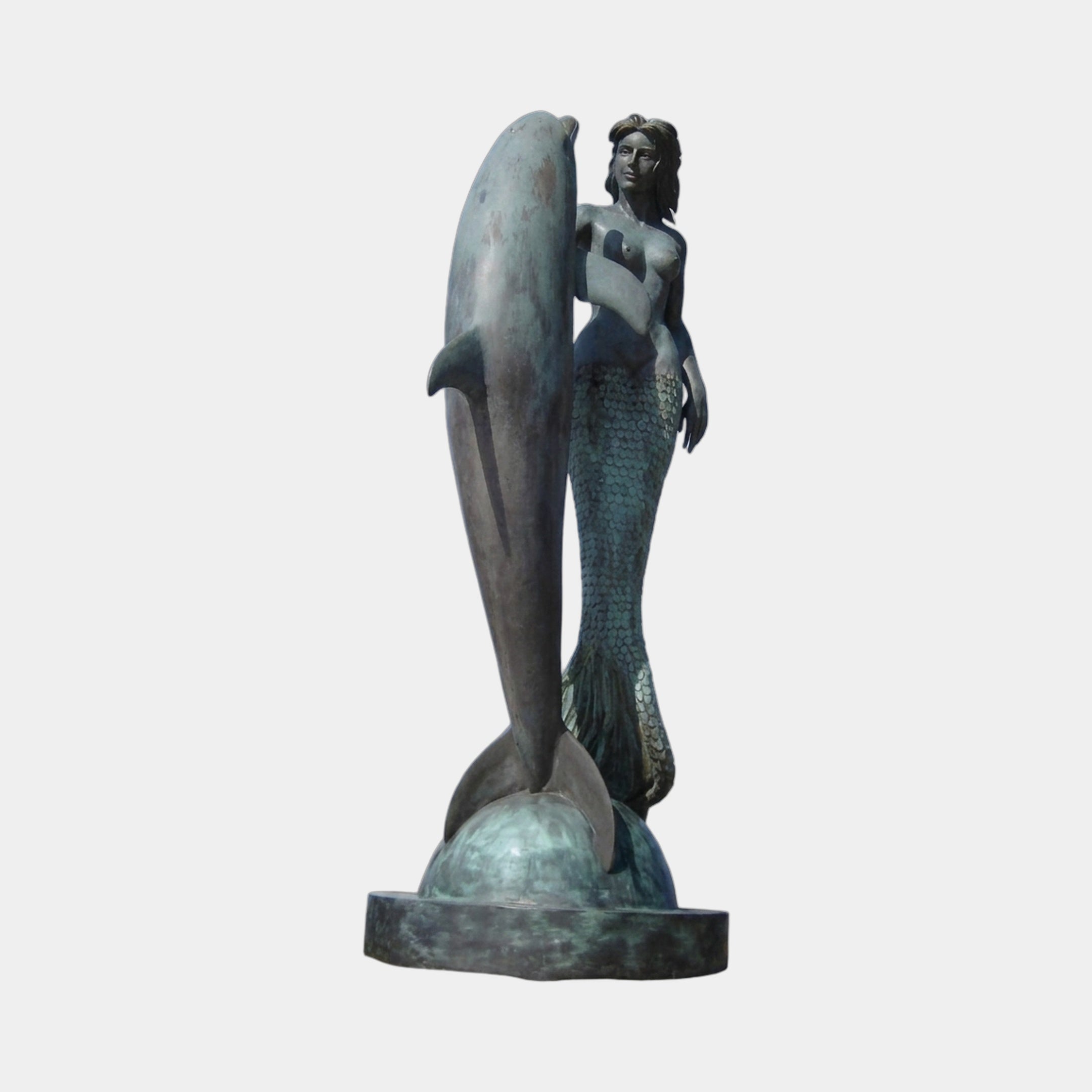 Monumental Classical Mermaid and Dolphin Bronze Sculpture by Giant Sculptures, 350cm, with verdigris patina, mermaid beside a rearing dolphin on a bronze sphere.