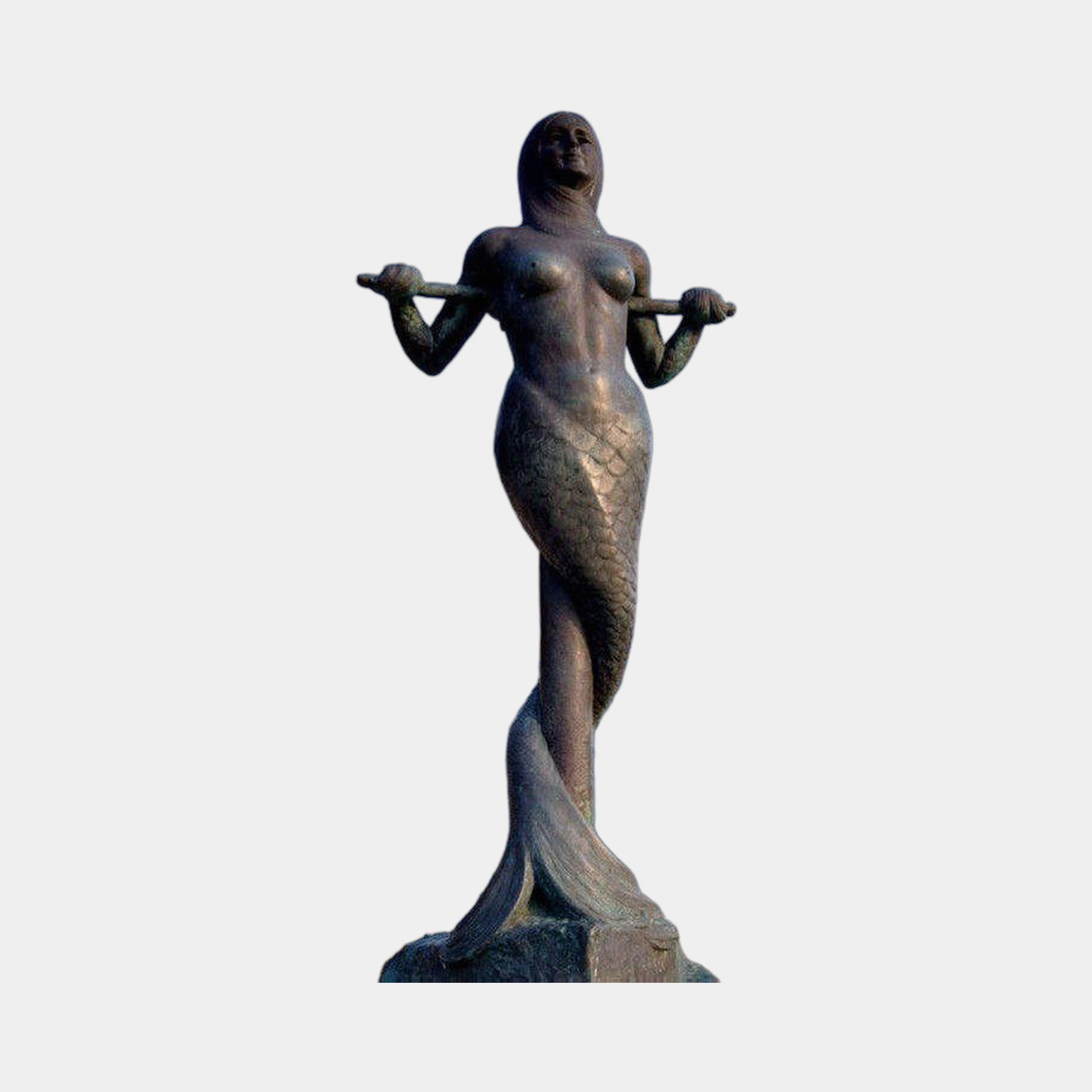 Monumental Classical Mermaid Bronze Sculpture by Giant Sculptures, 400cm, with verdigris patina, tapered scaled tail, and a staff balanced across her shoulders.