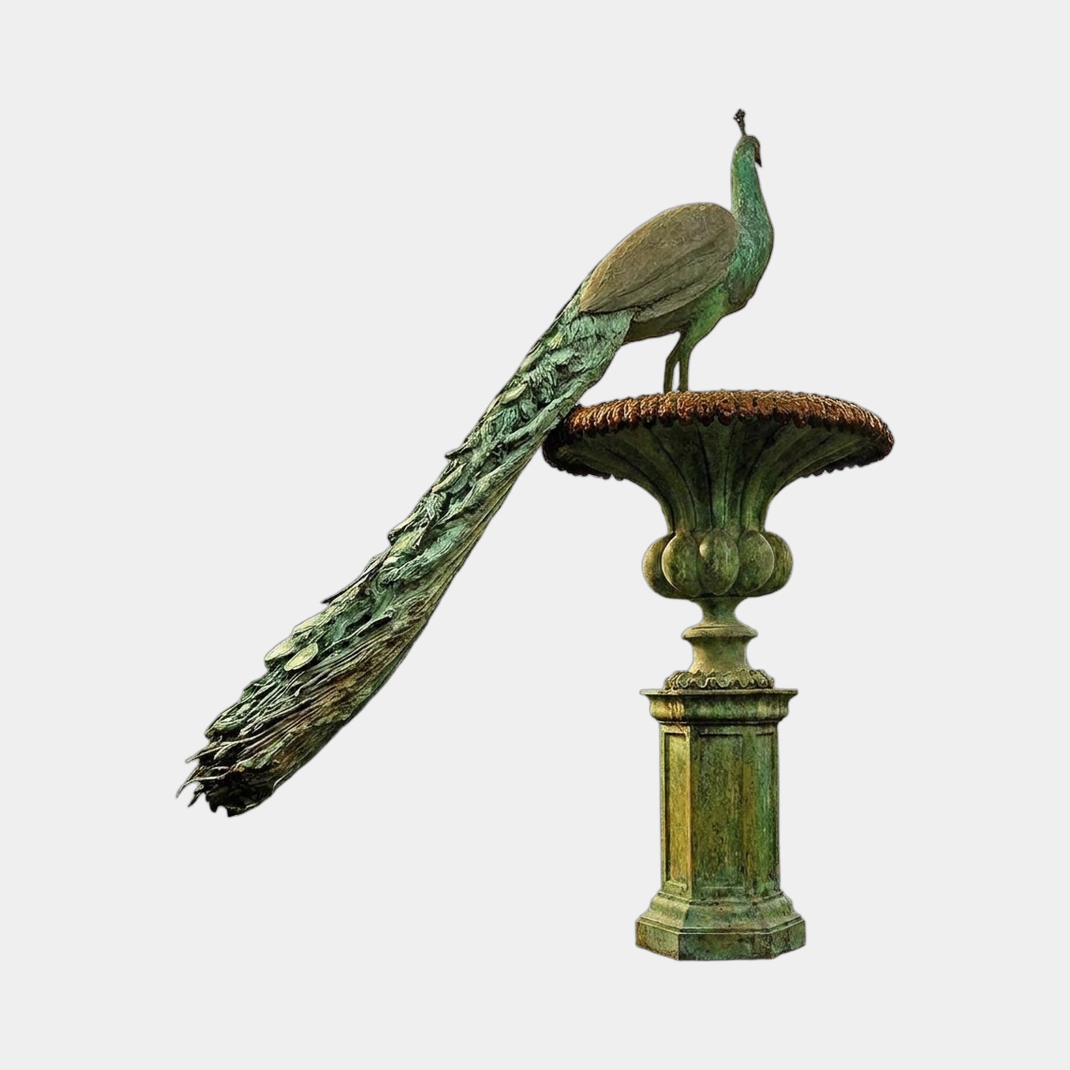 Monumental Classical Peacock Fountain Bronze Sculpture by Giant Sculptures, 250cm, with verdigris patina peacock perched on a tiered basin and pedestal.