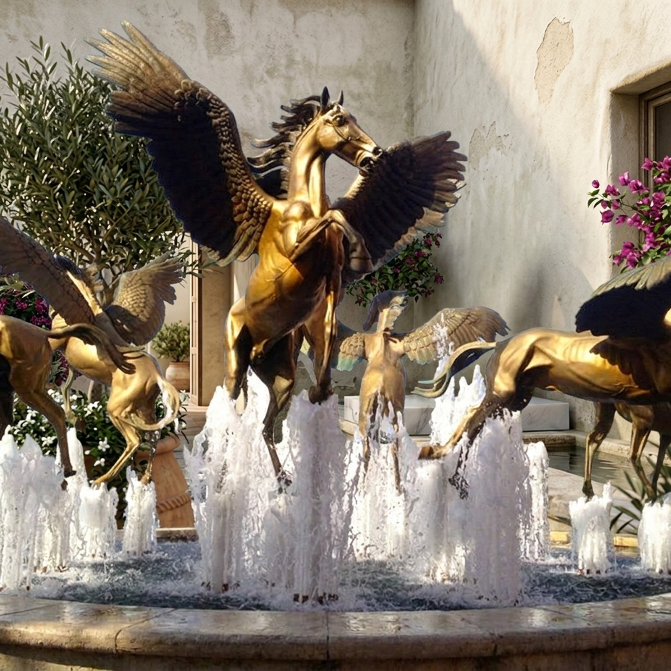 Giant Sculptures Monumental Classical Pegasus Winged Horses Bronze Fountain in polished golden tone, rearing central figure with wings spread above cascading water jets.