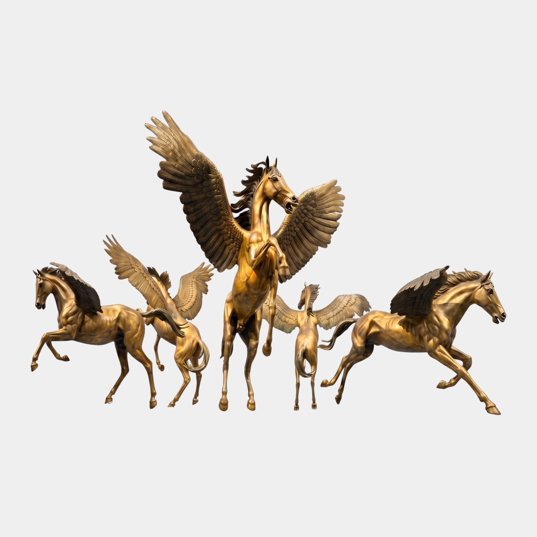 Monumental Classical Pegasus Winged Horses Bronze Fountain by Giant Sculptures, polished golden group of five rearing and galloping winged horses on plain background.