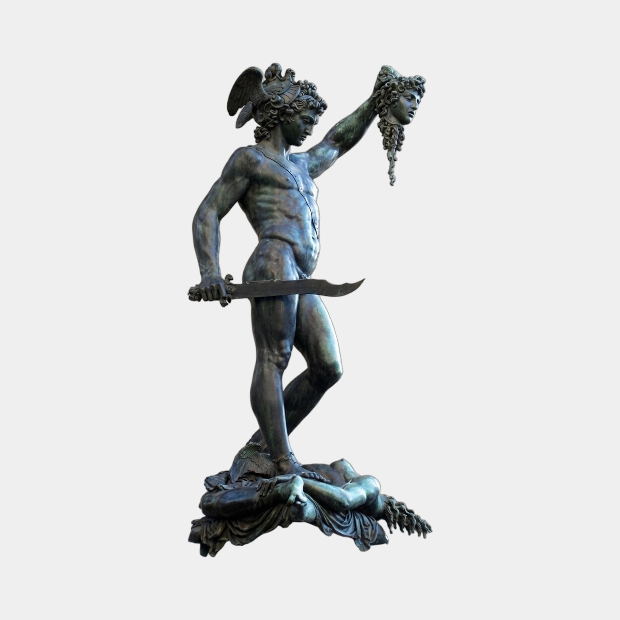 Giant Sculptures Monumental Classical Perseus and Medusa Bronze Sculpture, 250cm, in dark verdigris patina, holding Medusa's head aloft, on plain background.