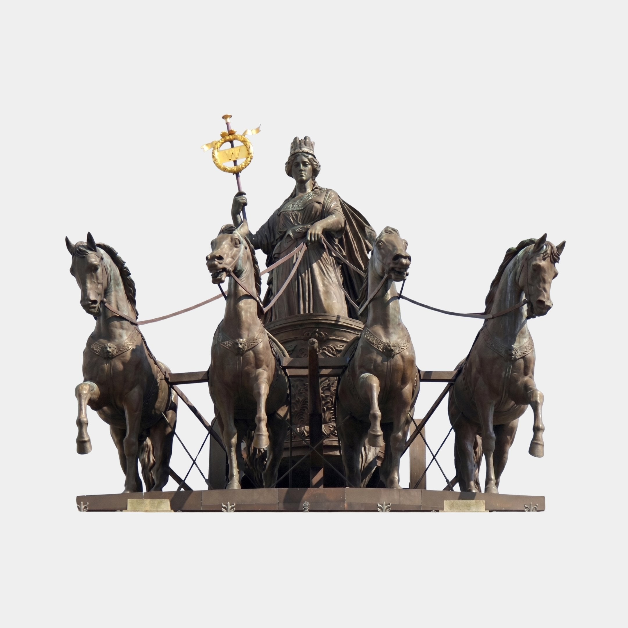 Monumental Classical Quadriga Bronze Sculpture by Giant Sculptures, 700cm, crowned goddess in chariot drawn by four horses, raising a gilded laurel wreath.