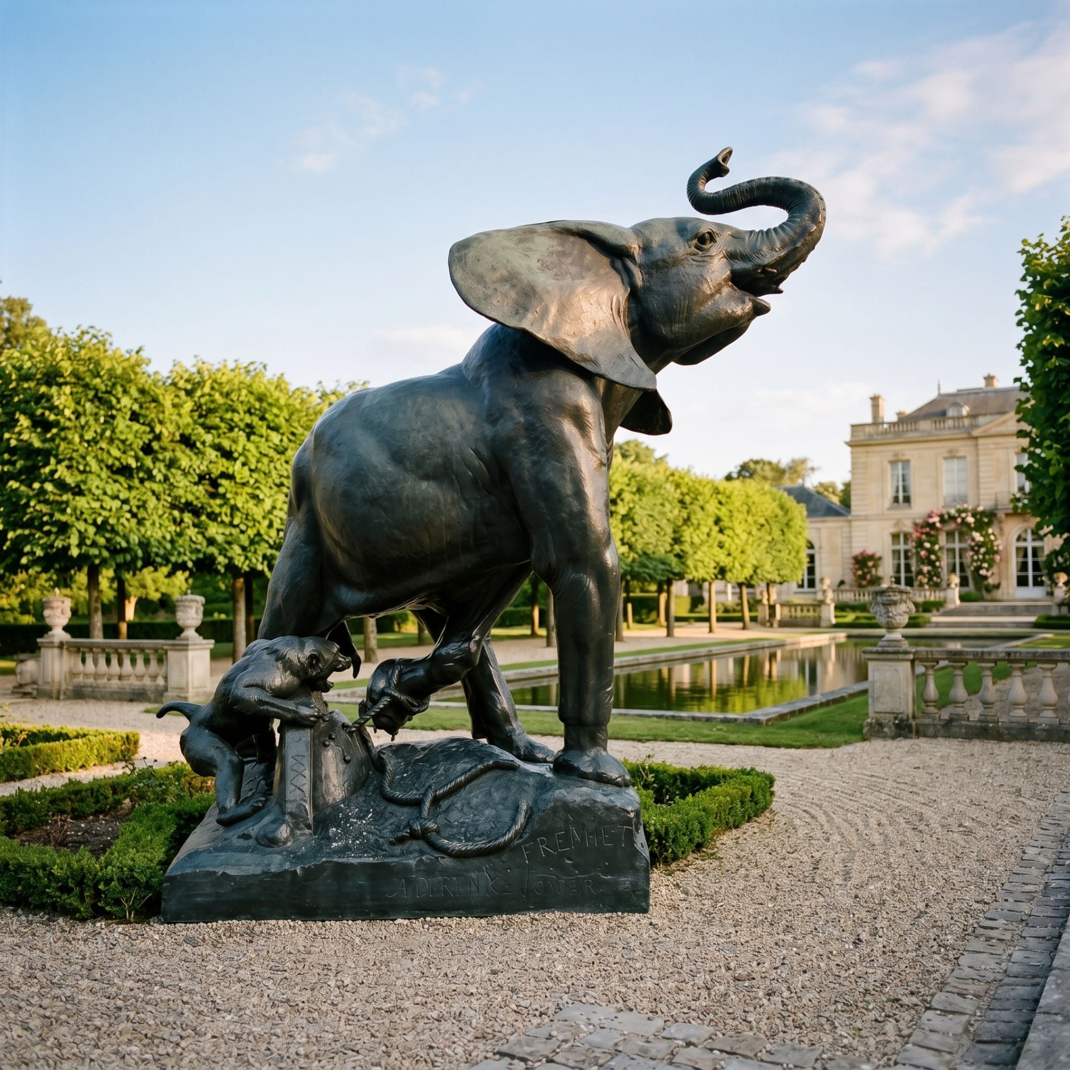 Monumental Classical Rearing Elephant Bronze Sculpture by Giant Sculptures, trunk raised with a lion at its base, displayed on gravel beside a chateau garden pond.