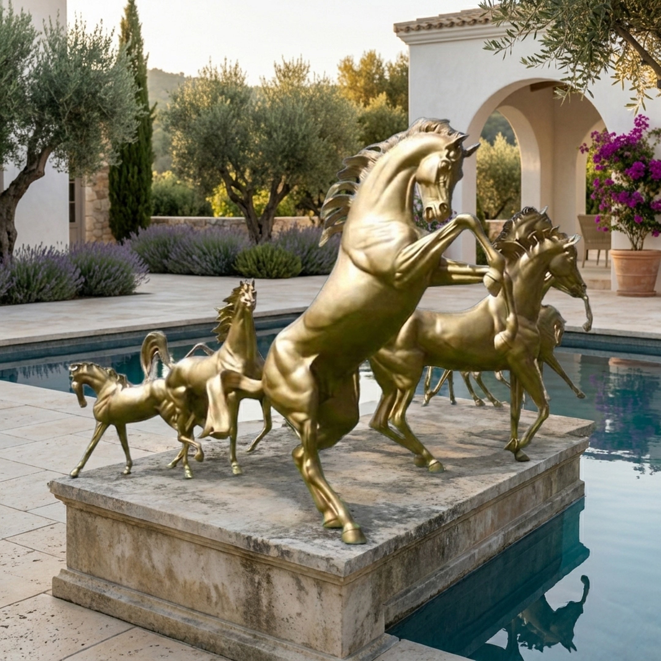 Monumental Classical Rearing Herd of Seven Horses Bronze Sculpture by Giant Sculptures in polished gold, displayed on a stone plinth beside a villa pool.