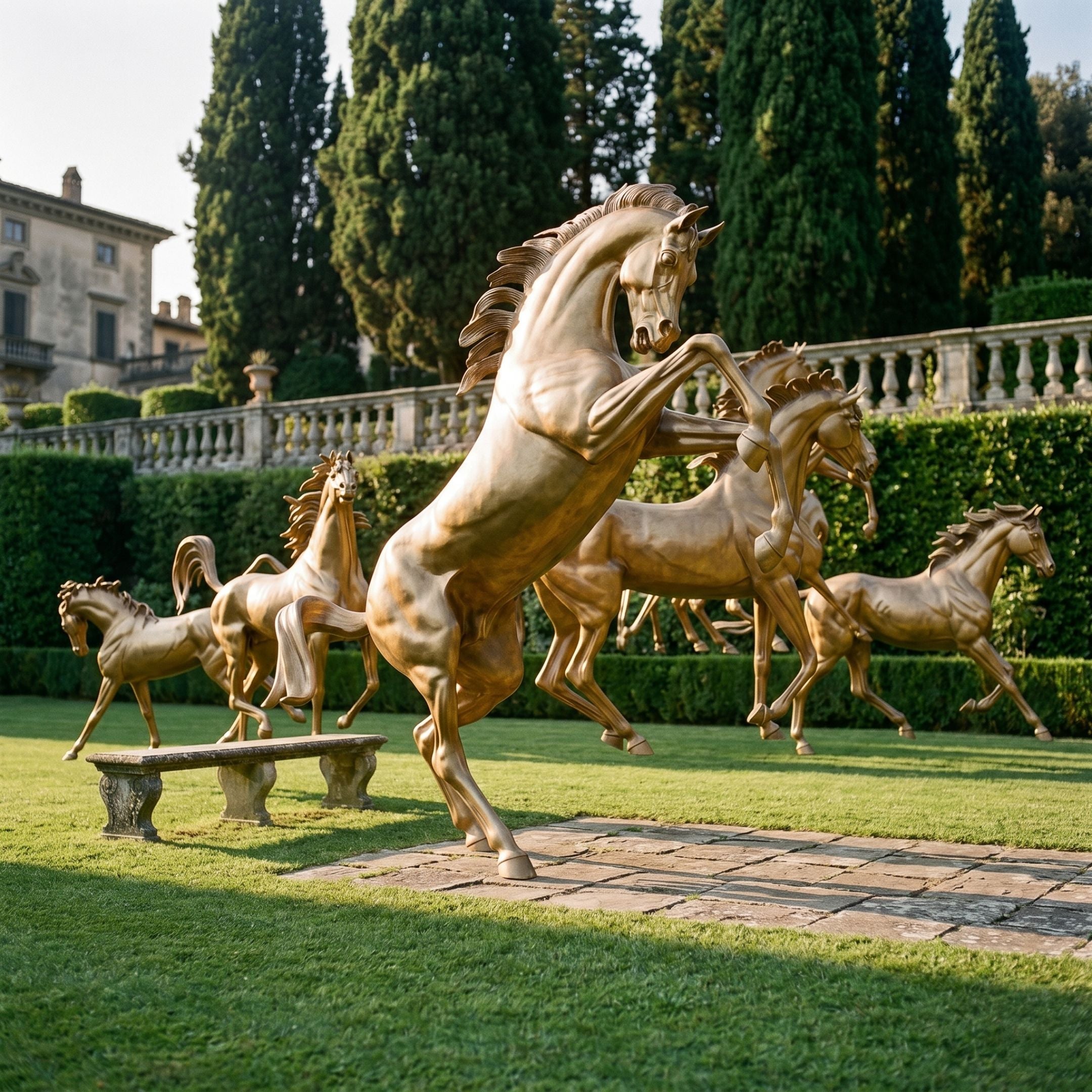 Monumental Classical Rearing Herd of Seven Horses Bronze Sculpture in polished gold by Giant Sculptures, displayed on lawn beside a stone bench near a villa.