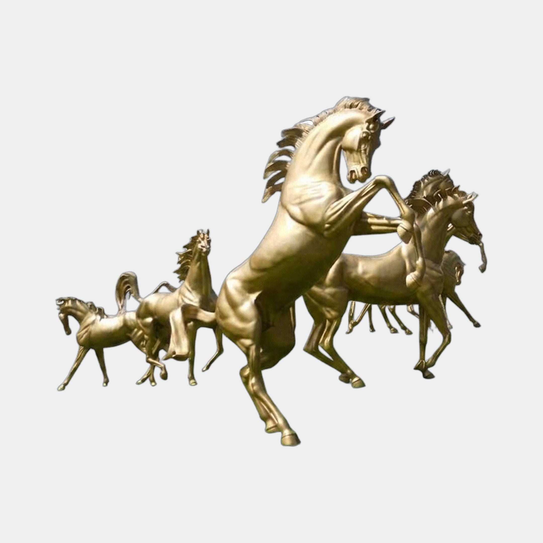 Monumental Classical Rearing Herd of Seven Horses Bronze Sculpture by Giant Sculptures in polished gold, central horse rearing amid galloping group, plain background.