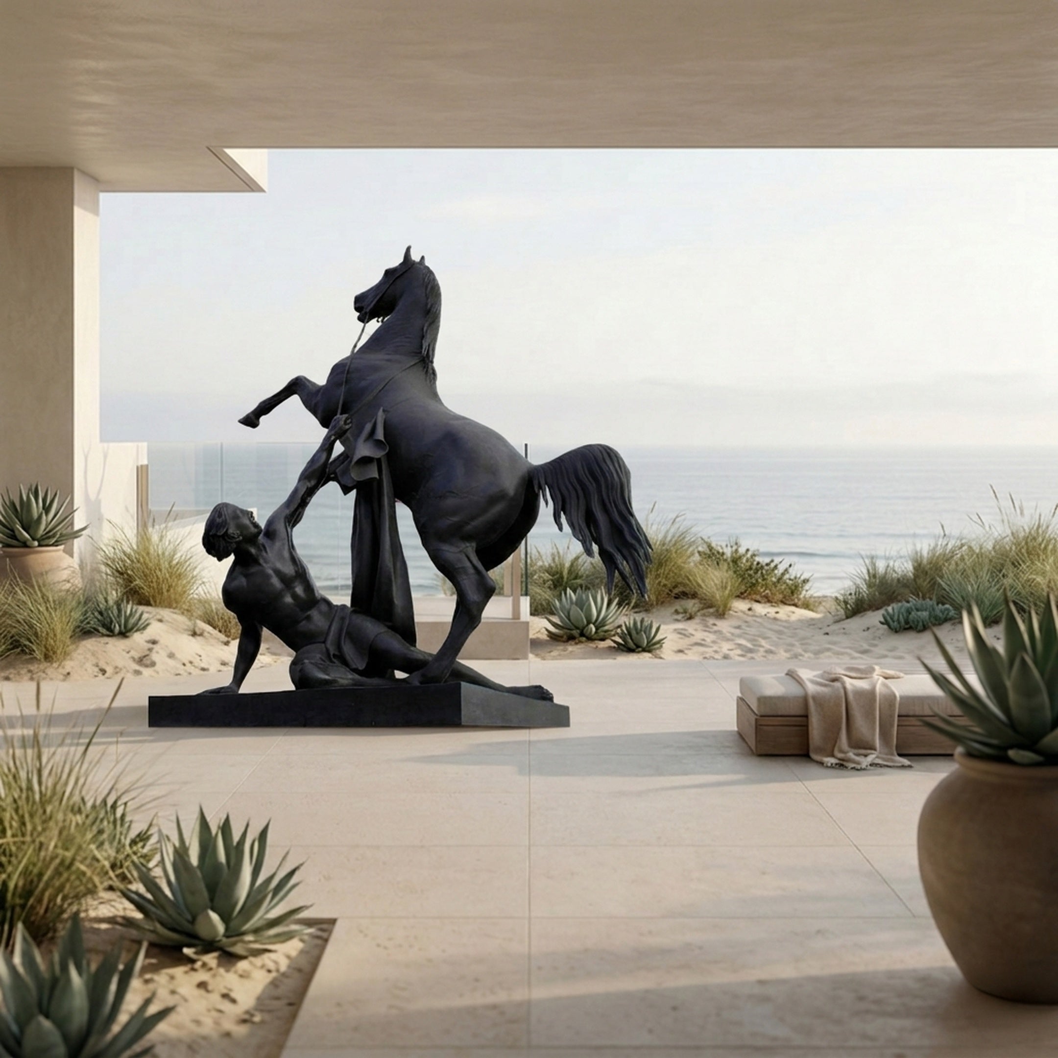 Monumental Classical Rearing Horse and Nude Male Figure Bronze Sculpture by Giant Sculptures on a beachfront terrace with ocean views and agave plants.