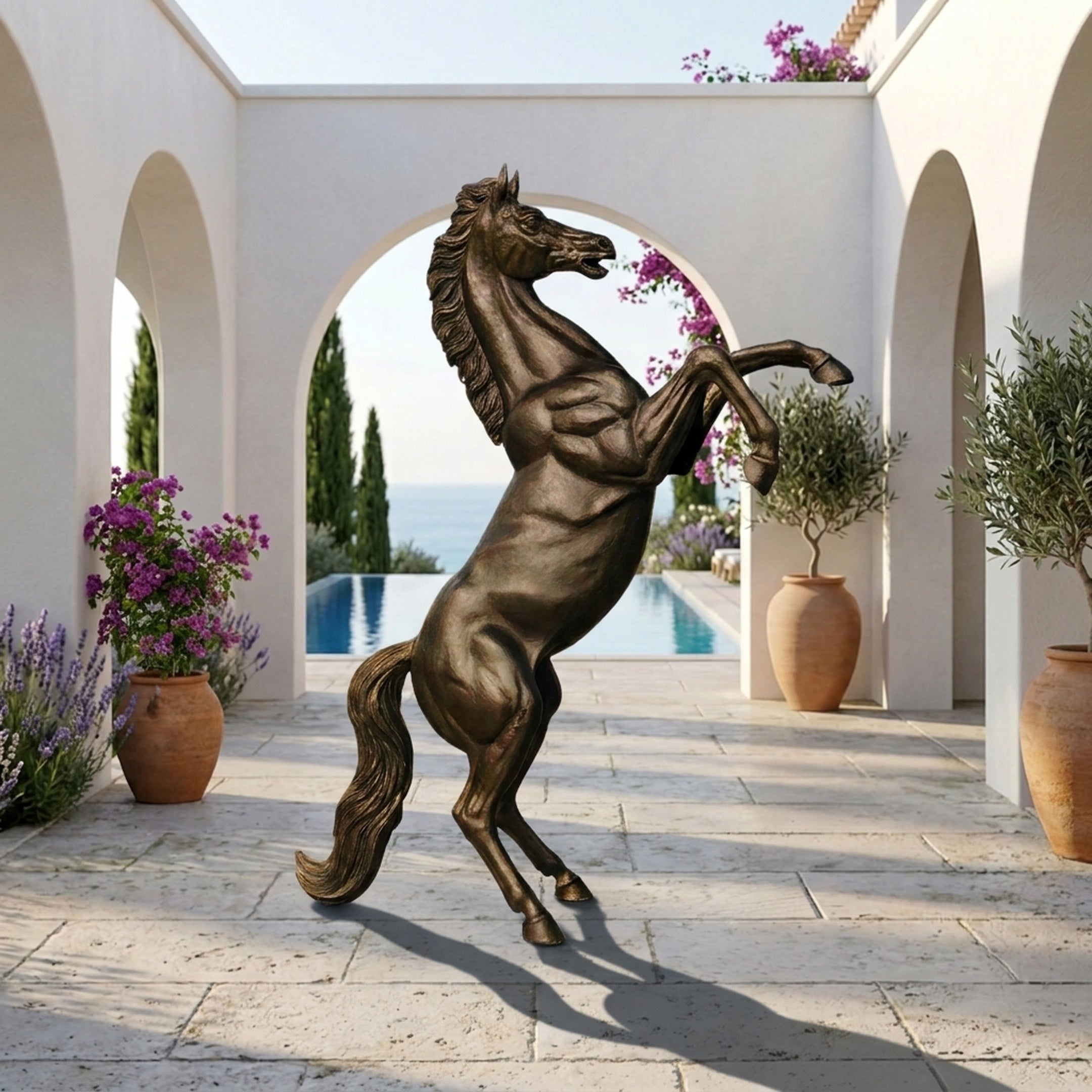 Giant Sculptures Monumental Classical Rearing Horse Bronze Sculpture 320cm rearing on a Mediterranean tiled courtyard with arches, potted olive trees, and pool view.