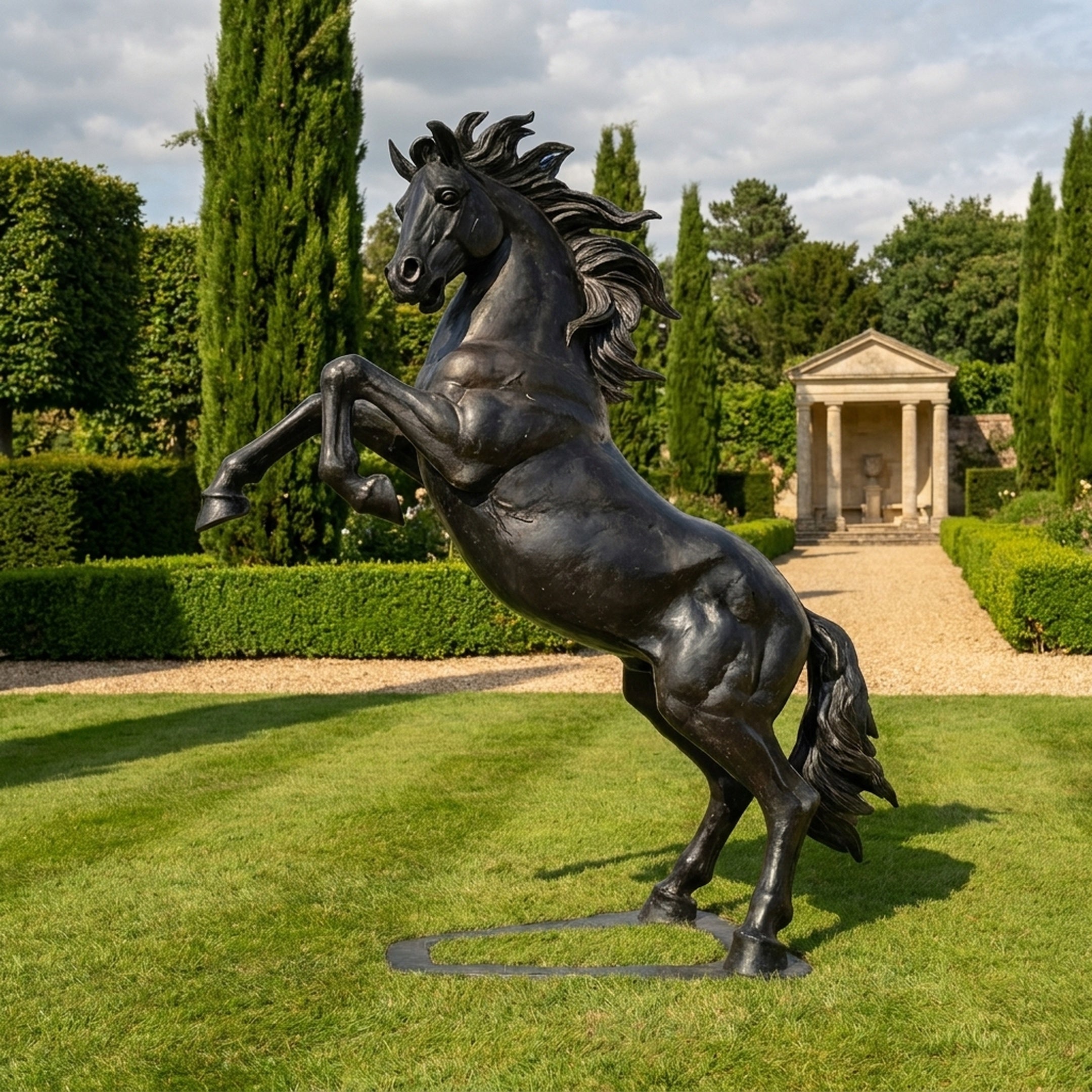 Monumental Classical Rearing Horse Bronze Sculpture by Giant Sculptures, black-brown patina, displayed on a manicured lawn with cypress trees and a stone pavilion.