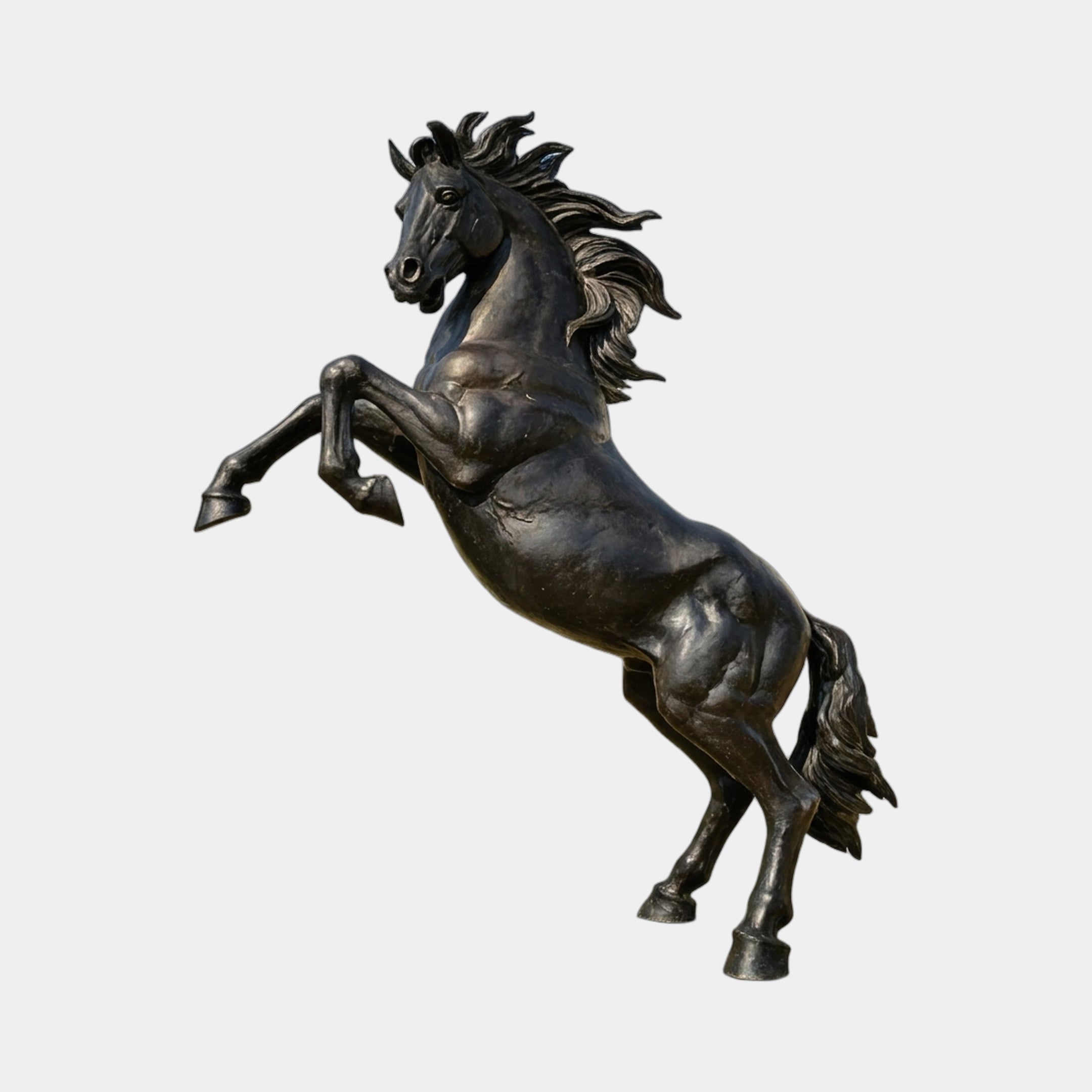 Monumental Classical Rearing Horse Bronze Sculpture by Giant Sculptures, 350cm, reared on hind legs with flowing mane and black-brown patina, on plain background.