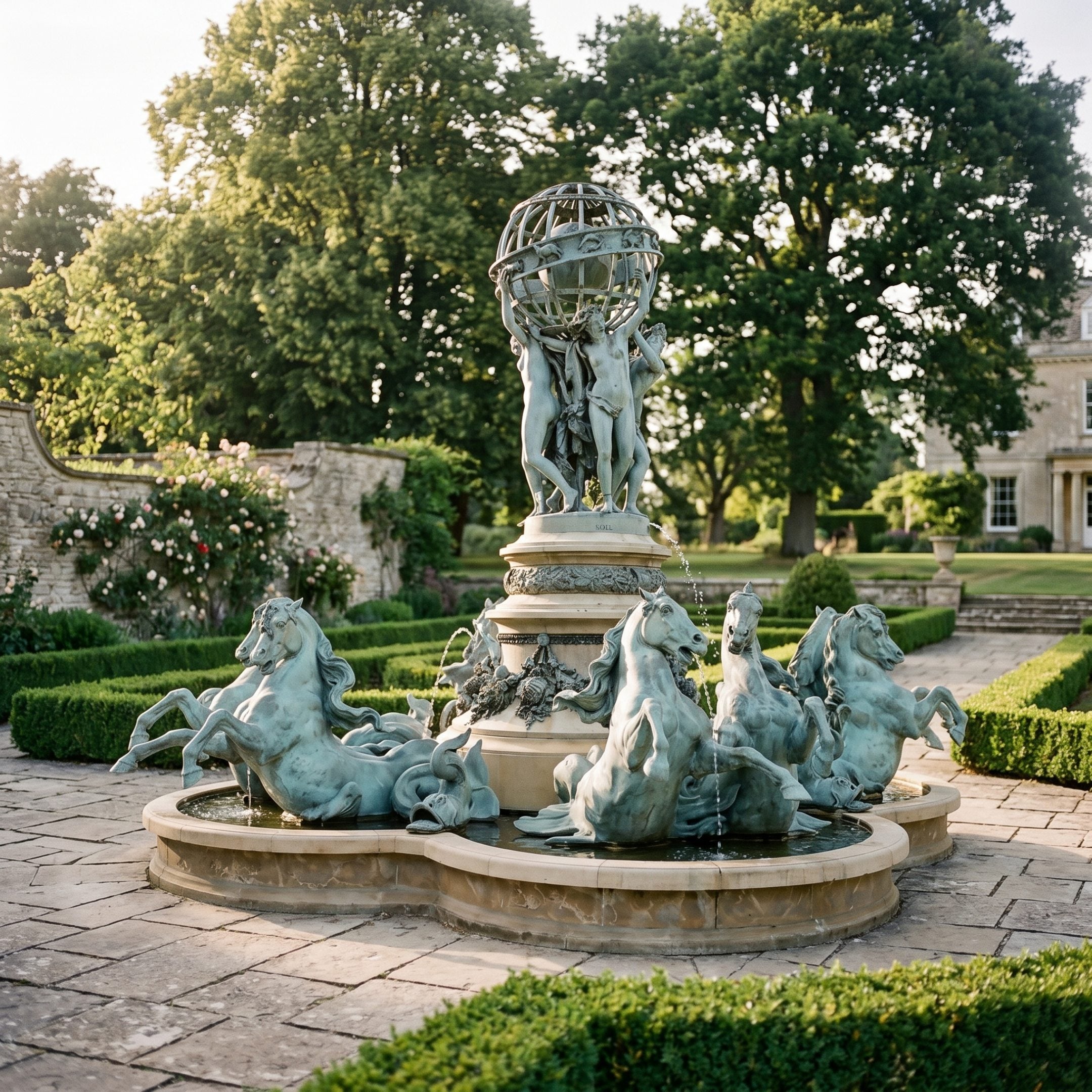 Monumental Classical Rearing Horses and Globe Fountain by Giant Sculptures in verdigris bronze, with figures bearing an armillary sphere above rearing horses in a formal garden.
