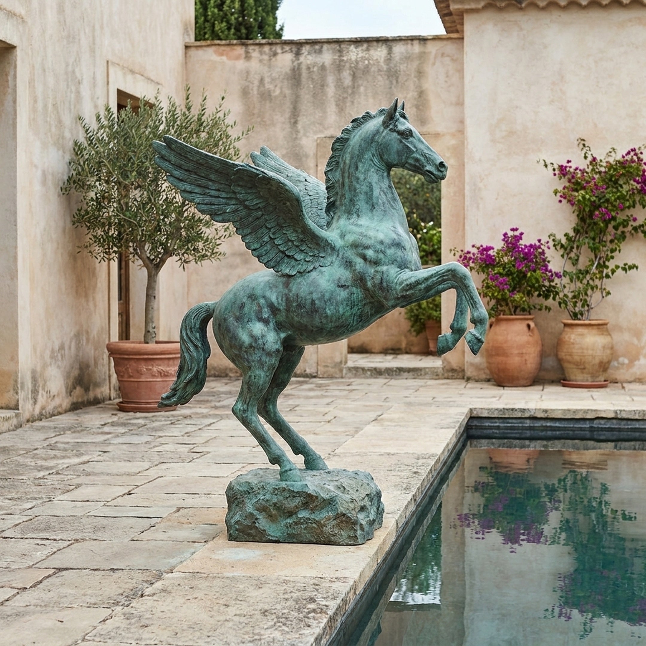 Monumental Classical Rearing Pegasus Bronze Sculpture by Giant Sculptures in verdigris patina, rearing on a rocky base beside a courtyard pool.