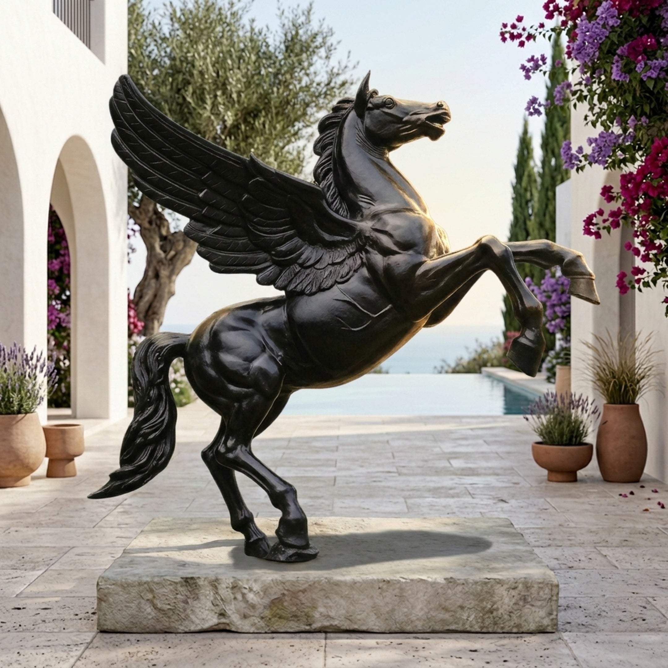 Monumental Classical Rearing Winged Horse Bronze Sculpture by Giant Sculptures in deep black patina, rearing on a stone base in a Mediterranean poolside courtyard.