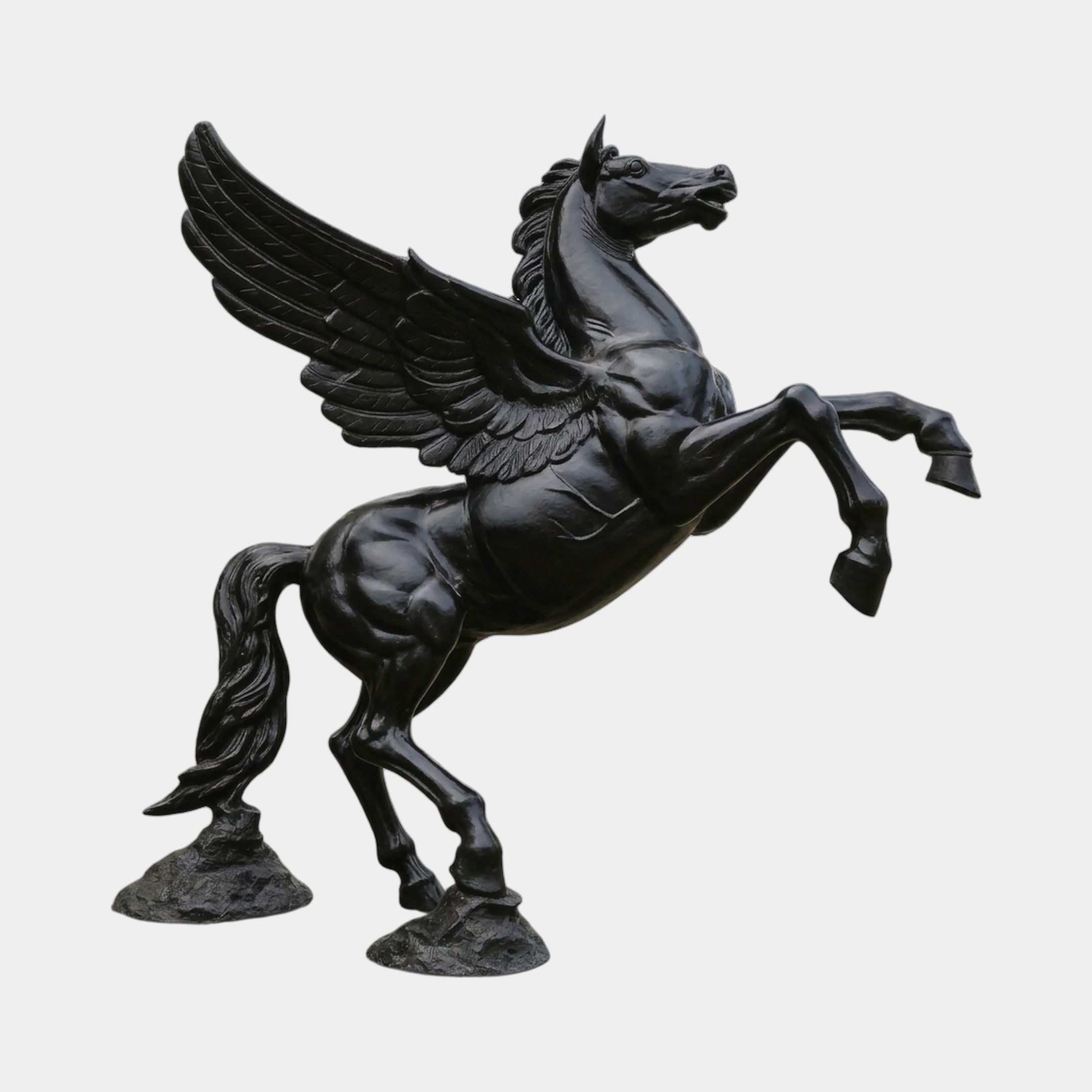 Giant Sculptures Monumental Classical Rearing Winged Horse Bronze Sculpture 260cm in deep black patina, Pegasus rearing with wings spread, on stone bases.