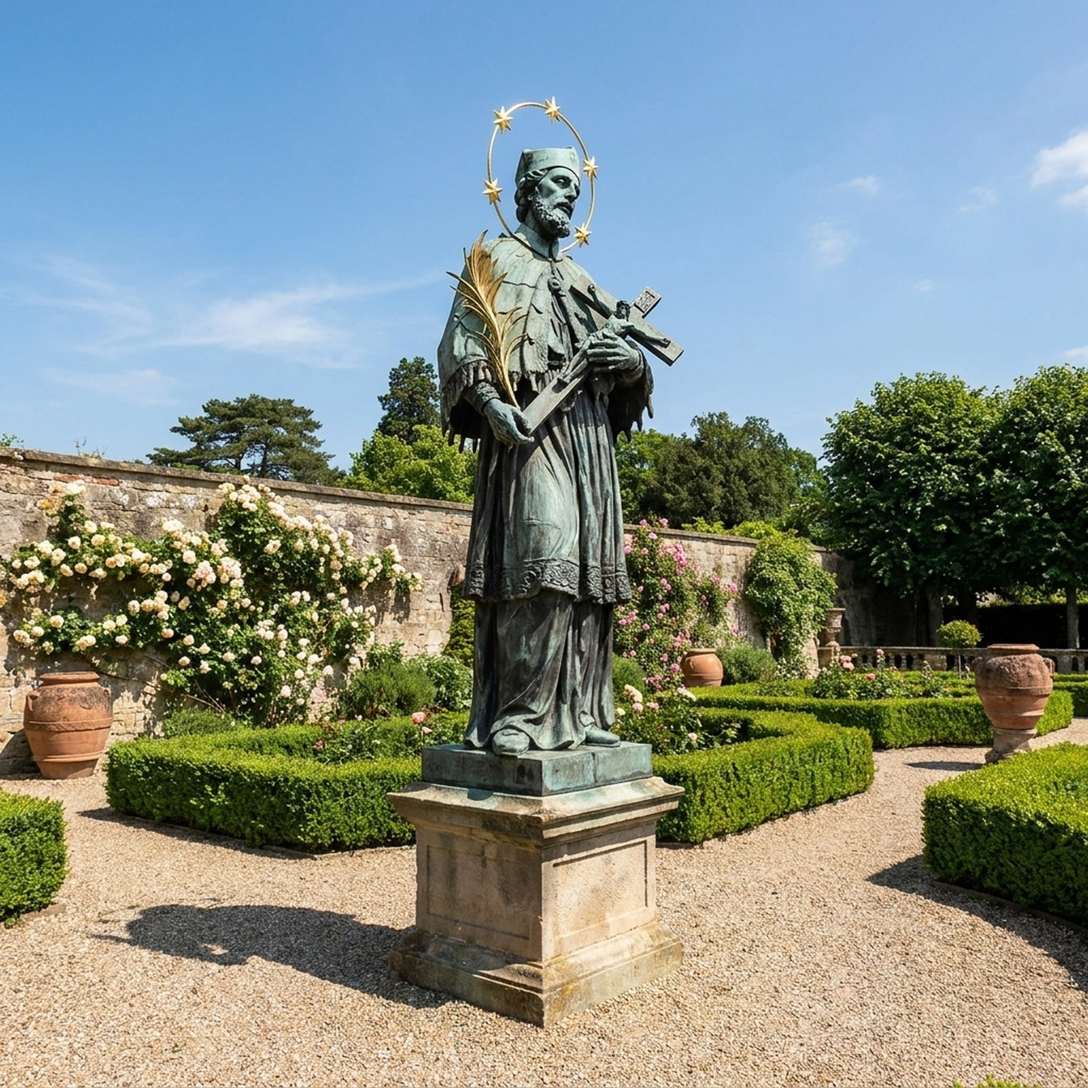 Giant Sculptures Monumental Classical Robed Saint Bronze Sculpture 450cm with verdigris patina, gold star halo and palm frond, on a stone plinth in a walled rose garden.