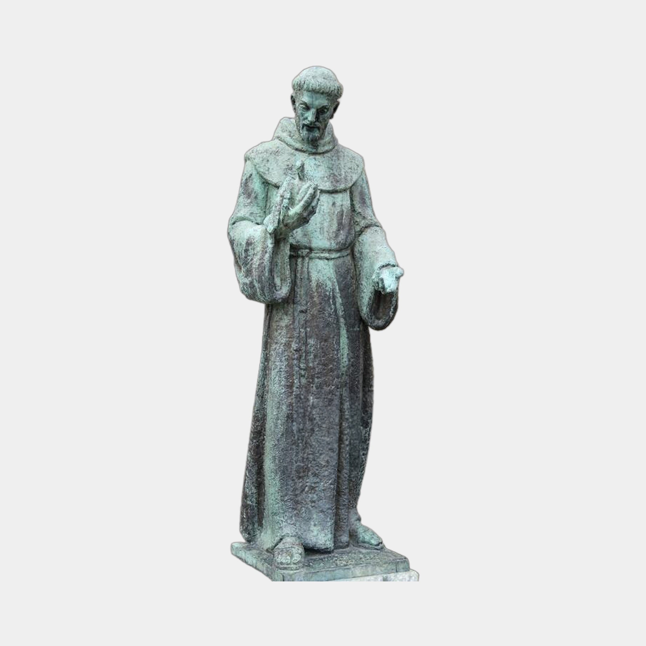Monumental Classical Robed Saint Bronze Statue by Giant Sculptures, 300cm Franciscan figure with verdigris patina, right hand raised in blessing, on stone plinth.