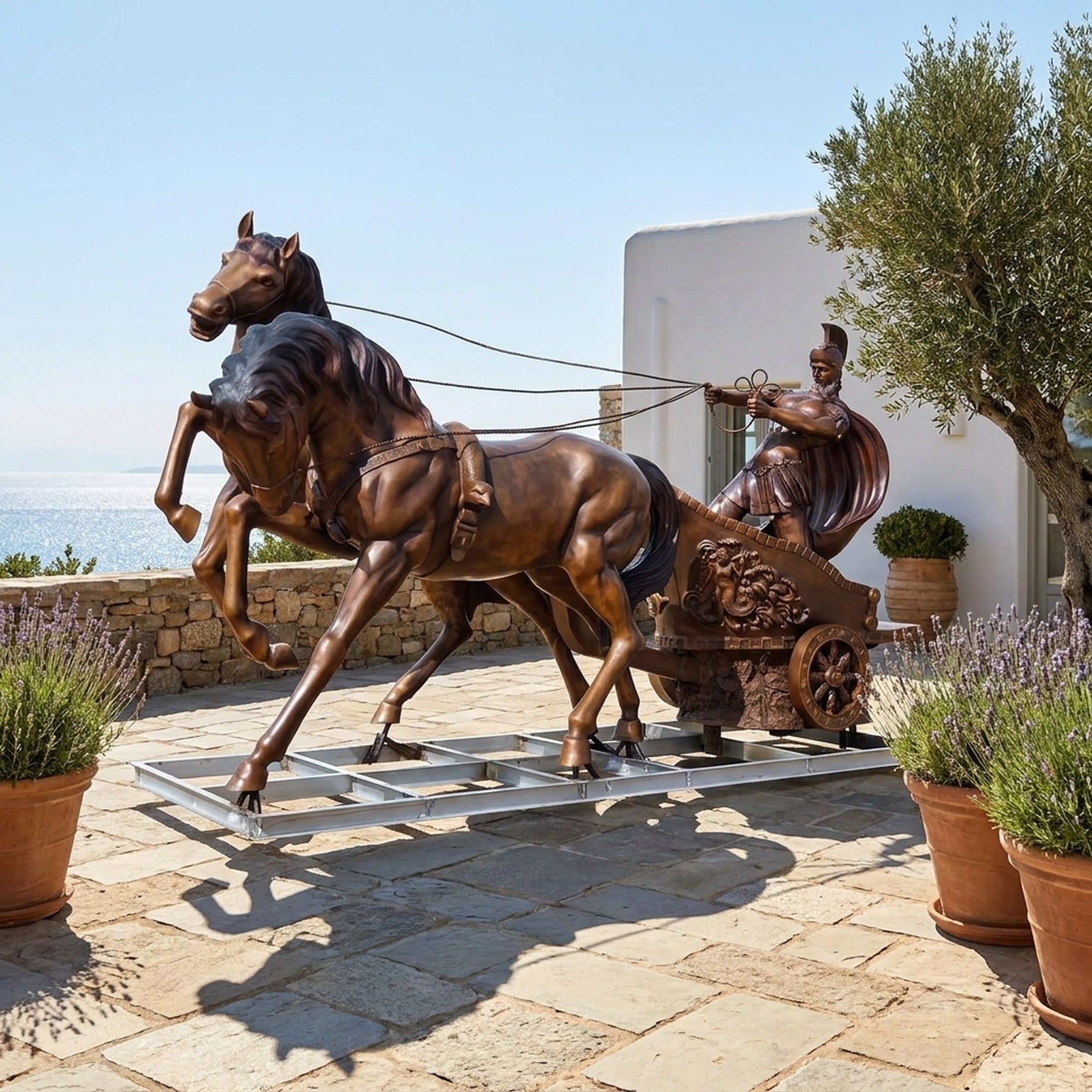 Monumental Classical Roman Chariot with Warrior and Horses Bronze Sculpture by Giant Sculptures, shown on a seaside terrace with lavender and olive tree.